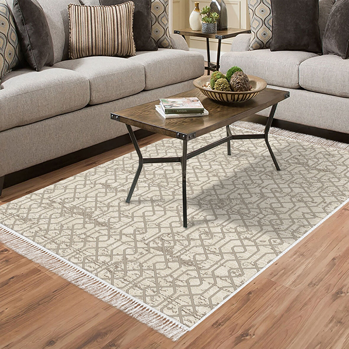 Dekoreko Kaymaz Taban Djt Salon Halısı Yıldız Deri Saçaklı Modern 757