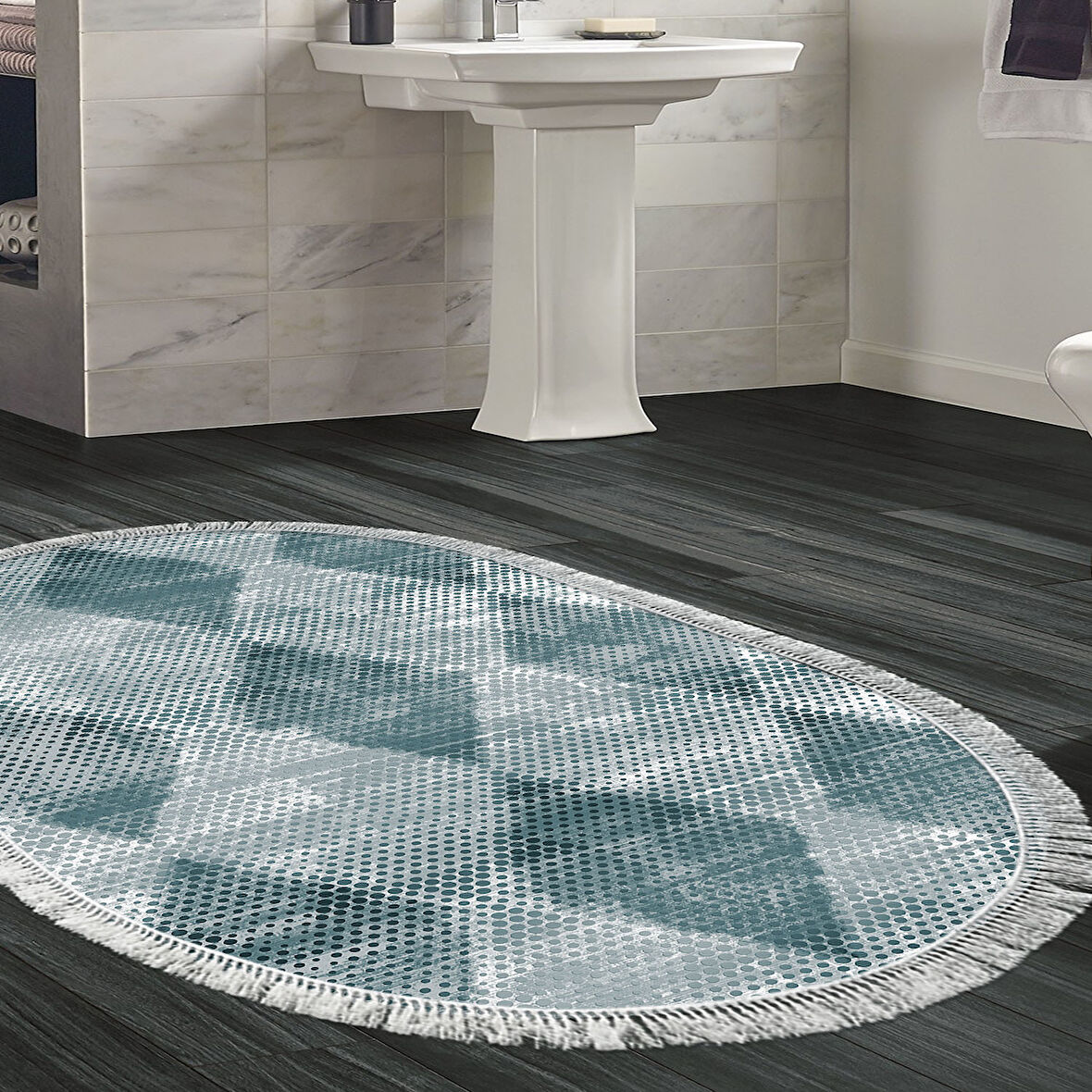Dekoreko Kaymaz Taban Djt Banyo Halısı Yıldız Deri Saçaklı Oval İskandinav F5131