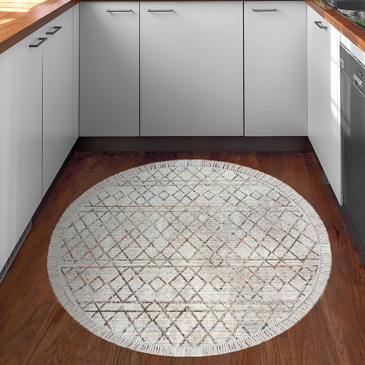 Dekoreko Kaymaz Taban Djt Mutfak Halısı Yıldız Deri Saçaklı Yuvarlak İskandinav F5079