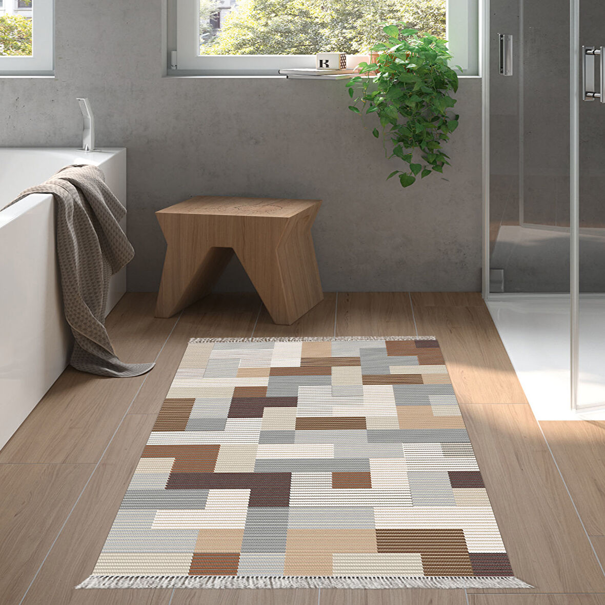 Dekoreko Kaymaz Taban Djt Banyo Halısı Trend Saçaklı Modern Mu113