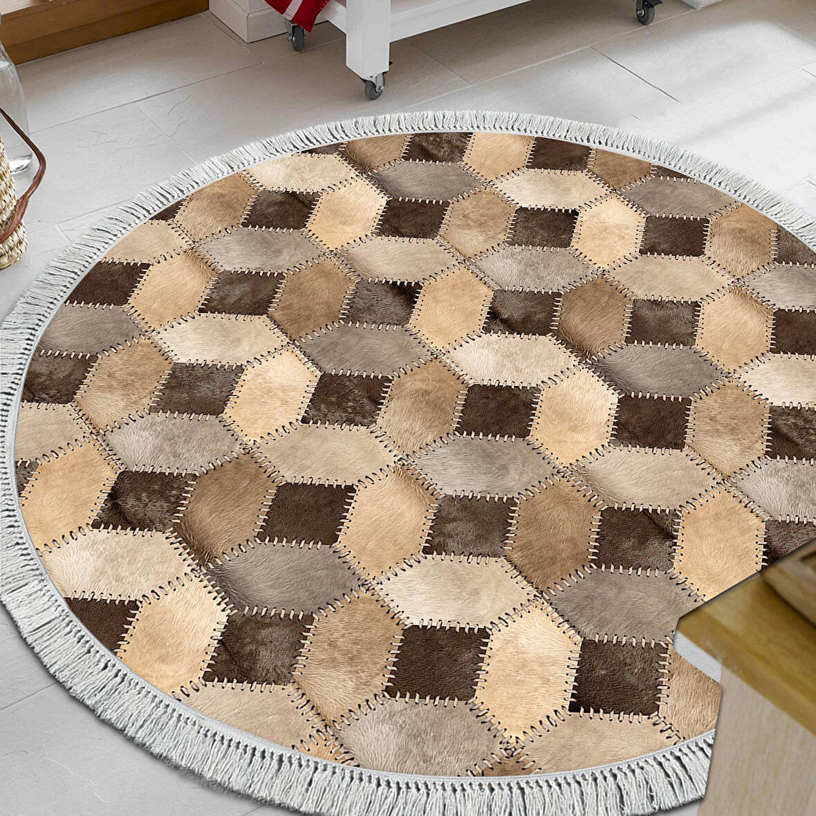 Dekoreko Kaymaz Taban Djt Mutfak Halısı Yıldız Deri Saçaklı Yuvarlak Modern 1926