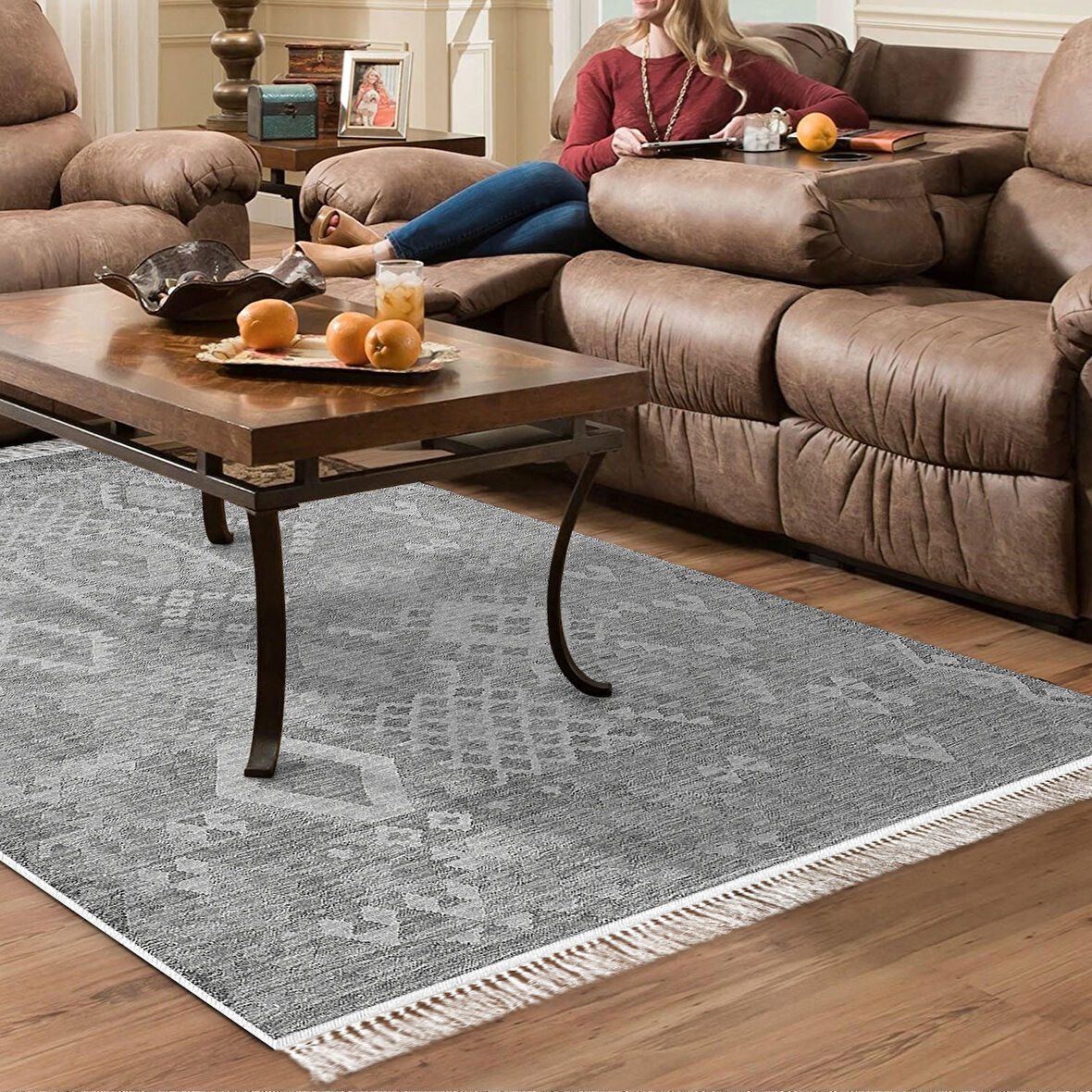 Dekoreko Kaymaz Taban Djt Salon Halısı Yıldız Deri Saçaklı İskandinav F5137