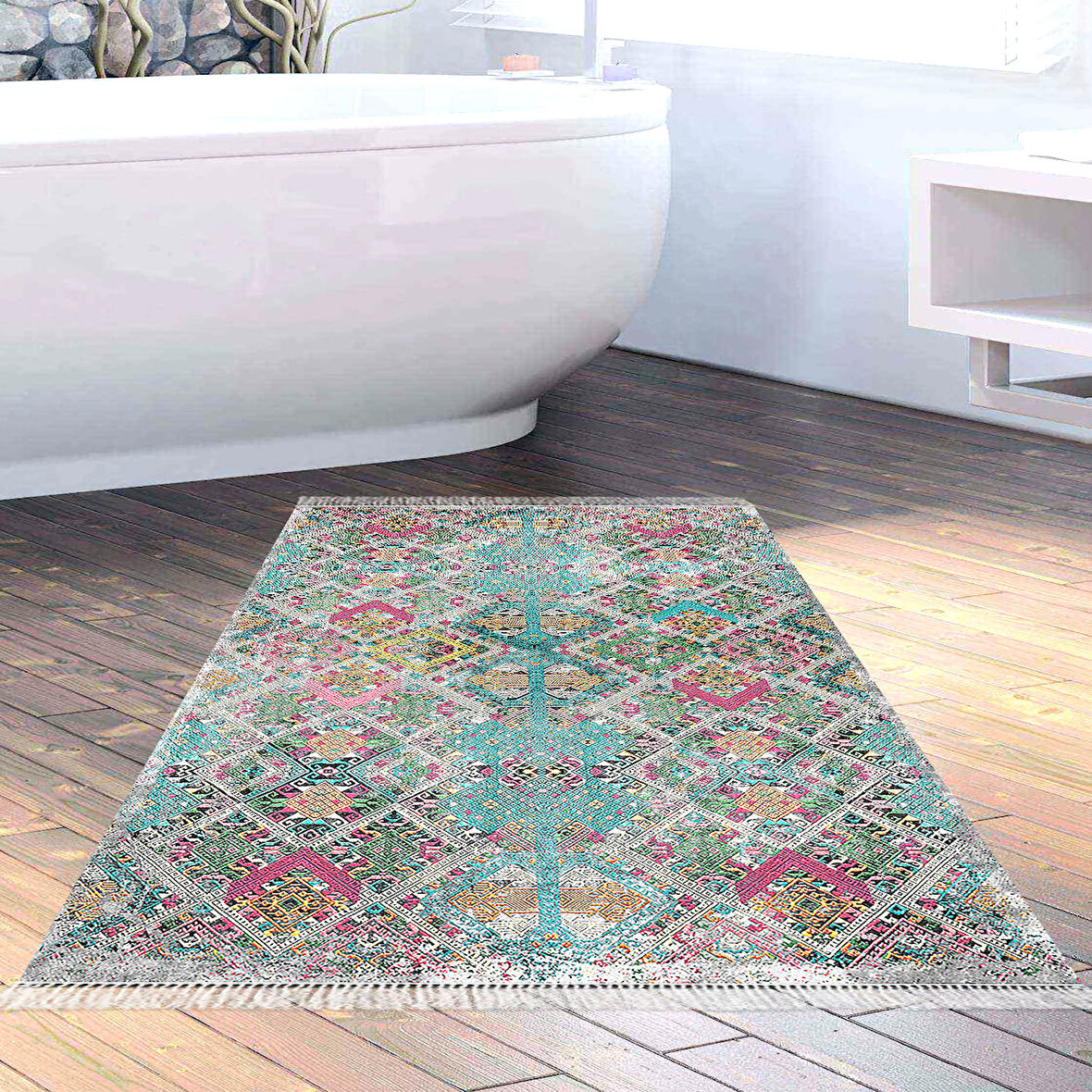 Dekoreko Kaymaz Taban Djt Banyo Halısı Yıldız Deri Saçaklı İskandinav F5009