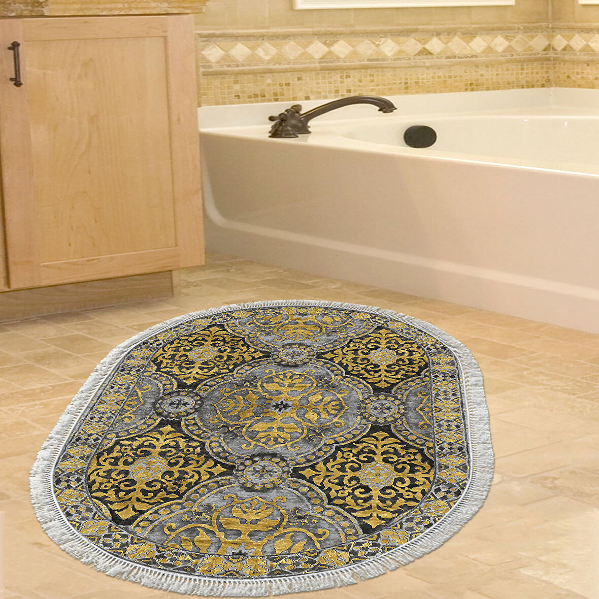 Dekoreko Kaymaz Taban Djt Banyo Halısı Star Pamuk Saçaklı Oval Modern 659M