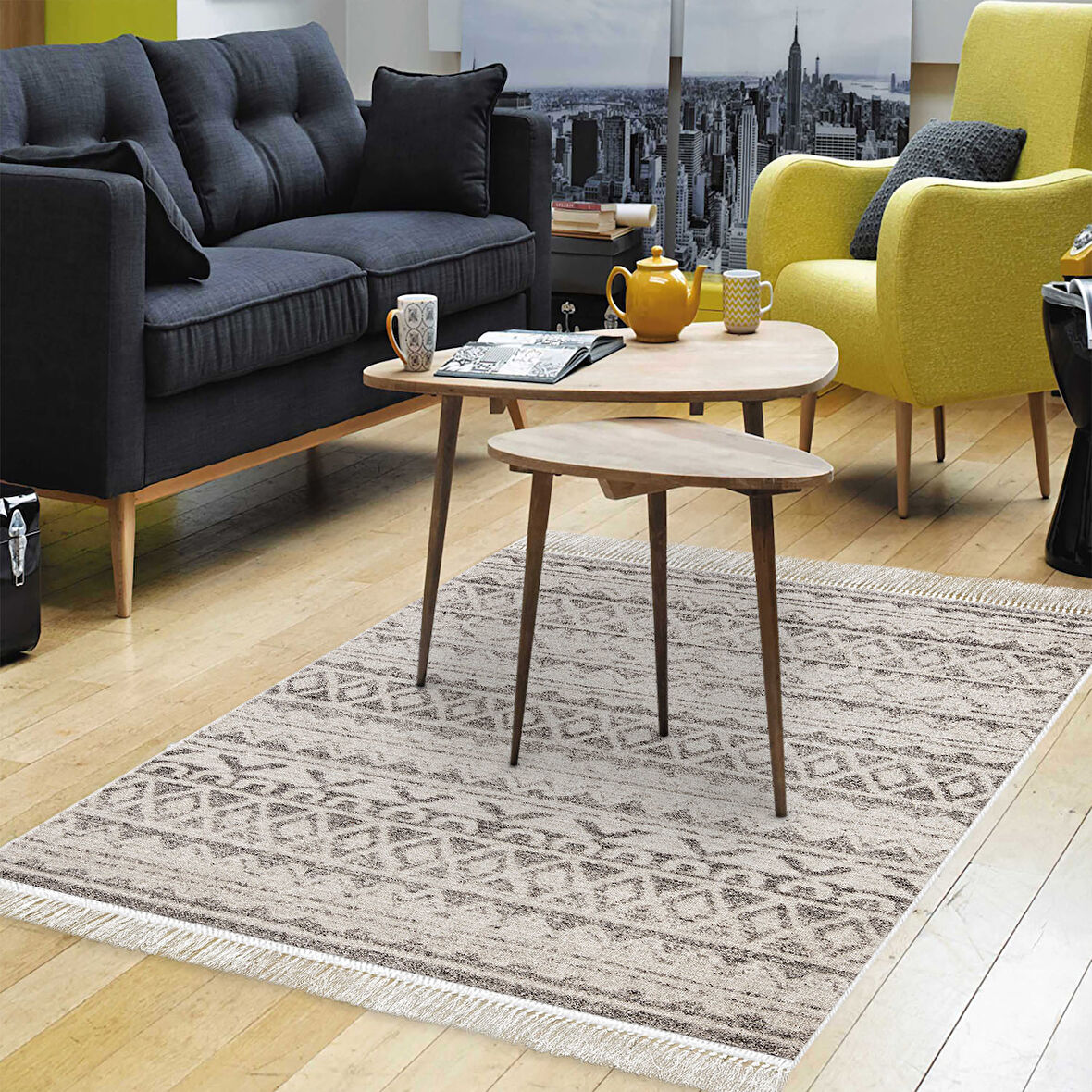 Dekoreko Kaymaz Taban Djt Salon Halısı Trend Saçaklı İskandinav F5078