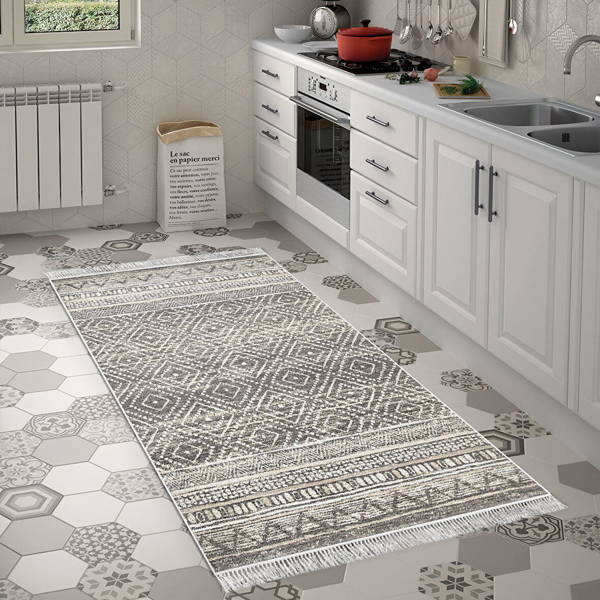 Dekoreko Kaymaz Taban Djt Mutfak Halısı Star Pamuk Saçaklı İskandinav F5087