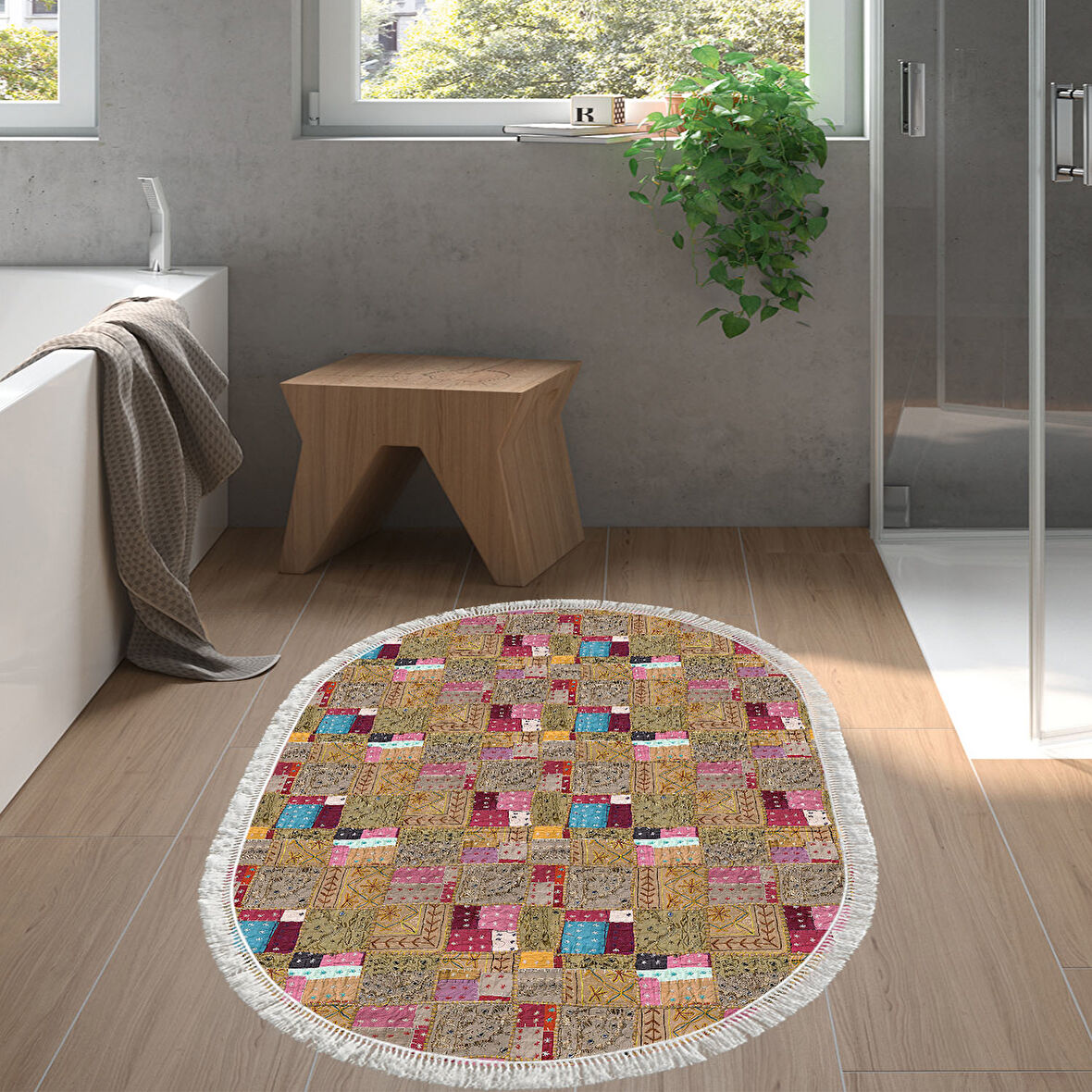 Dekoreko Kaymaz Taban Djt Banyo Halısı Trend Saçaklı Oval Modern 2155M