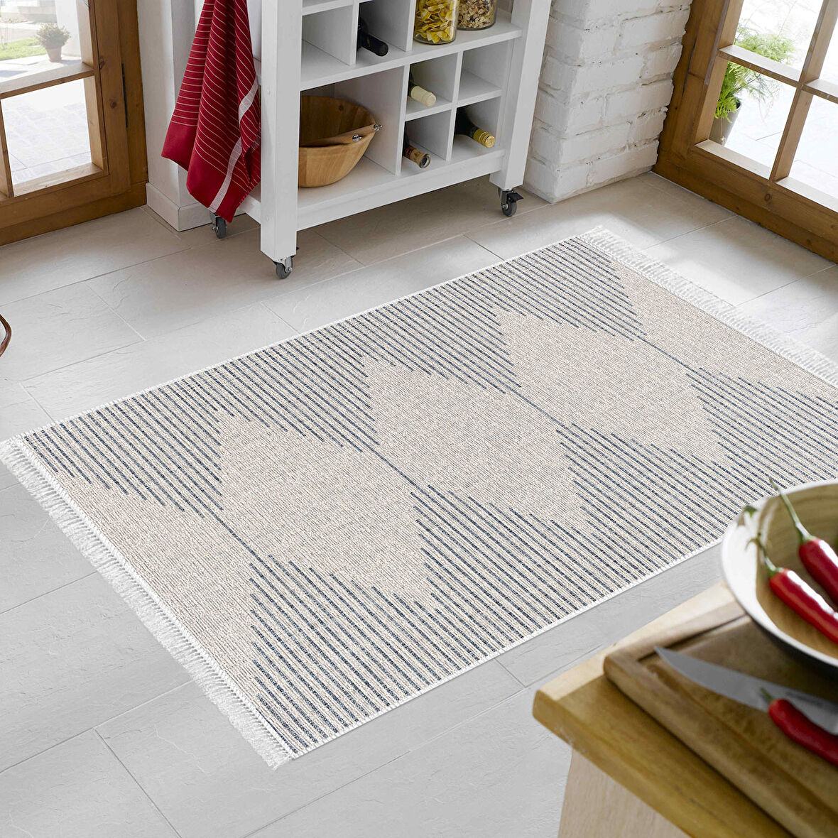 Dekoreko Kaymaz Taban Djt Mutfak Halısı Yıldız Deri Saçaklı İskandinav F5085