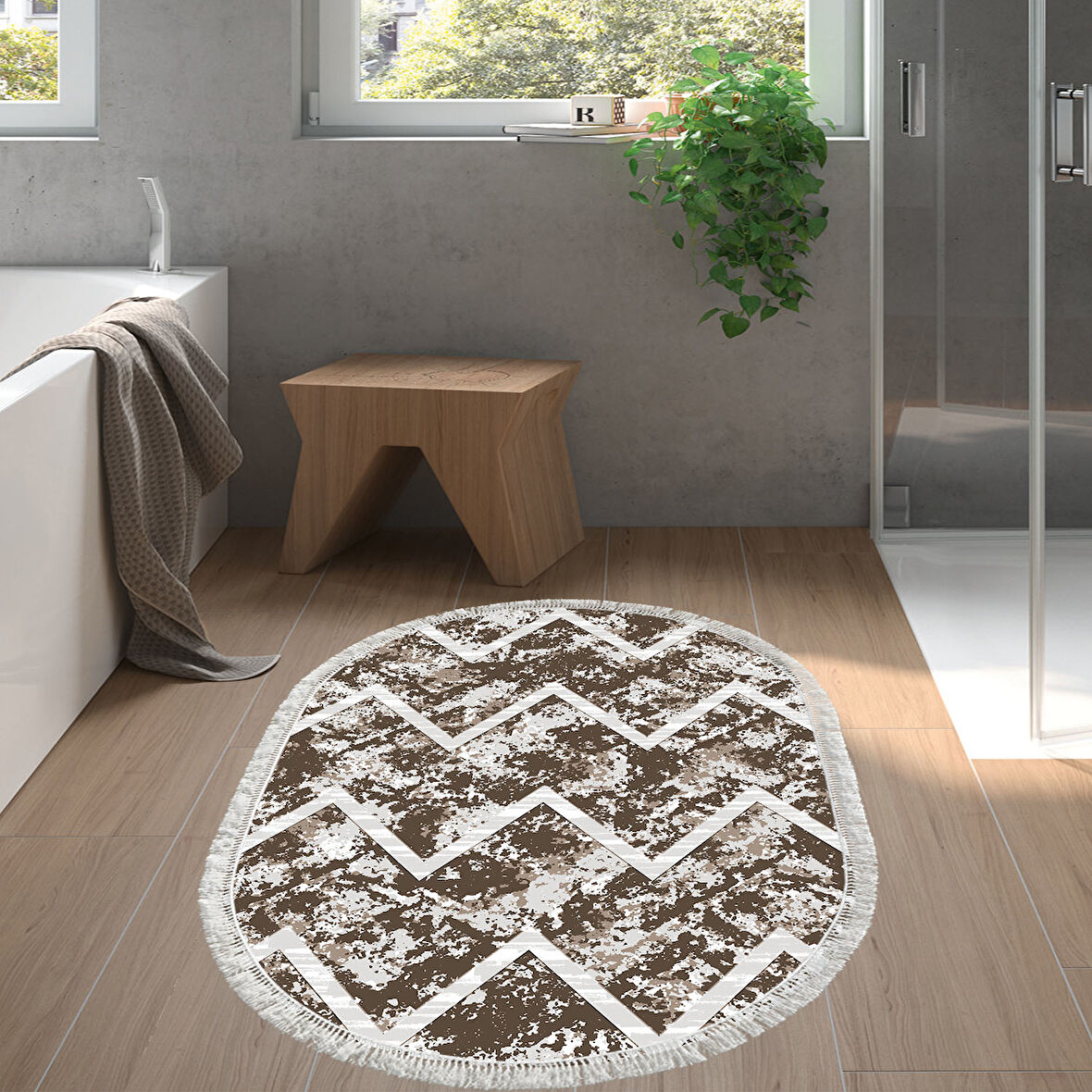 Dekoreko Kaymaz Taban Djt Banyo Halısı Yıldız Deri Saçaklı Oval İskandinav F5128