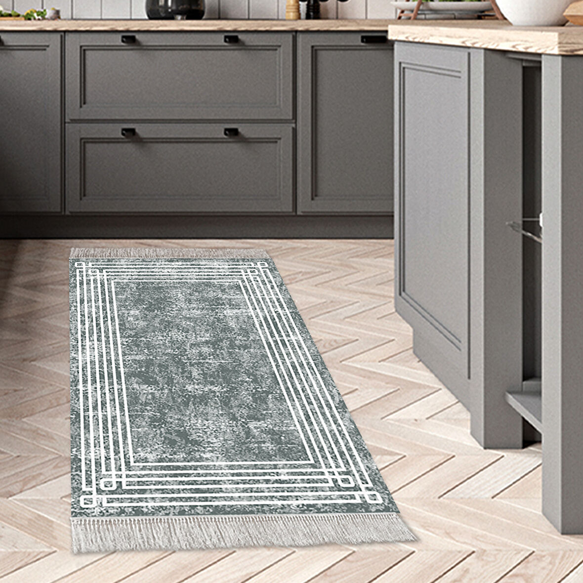 Dekoreko Kaymaz Taban Djt Mutfak Halısı Trend Saçaklı Modern M5142