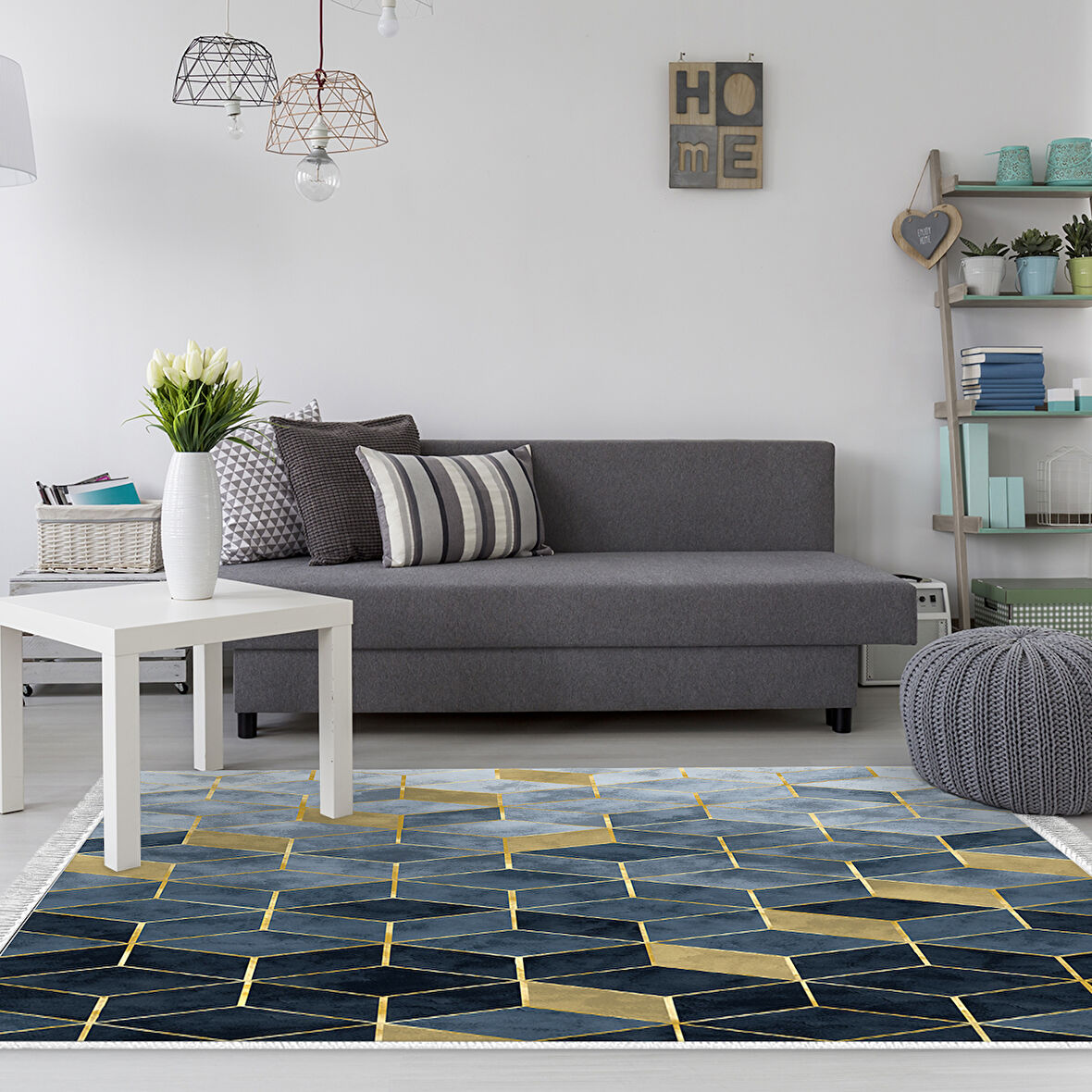 Dekoreko Kaymaz Taban Djt Salon Halısı Yıldız Deri Saçaklı İskandinav 2146M