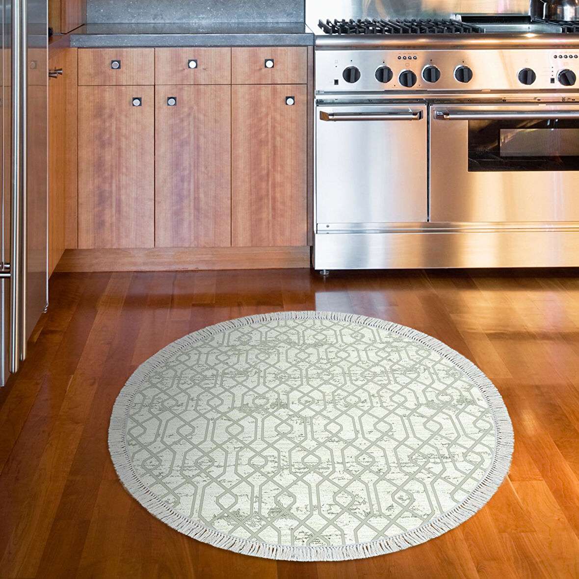 Dekoreko Kaymaz Taban Djt Mutfak Halısı Star Pamuk Saçaklı Yuvarlak Modern 757