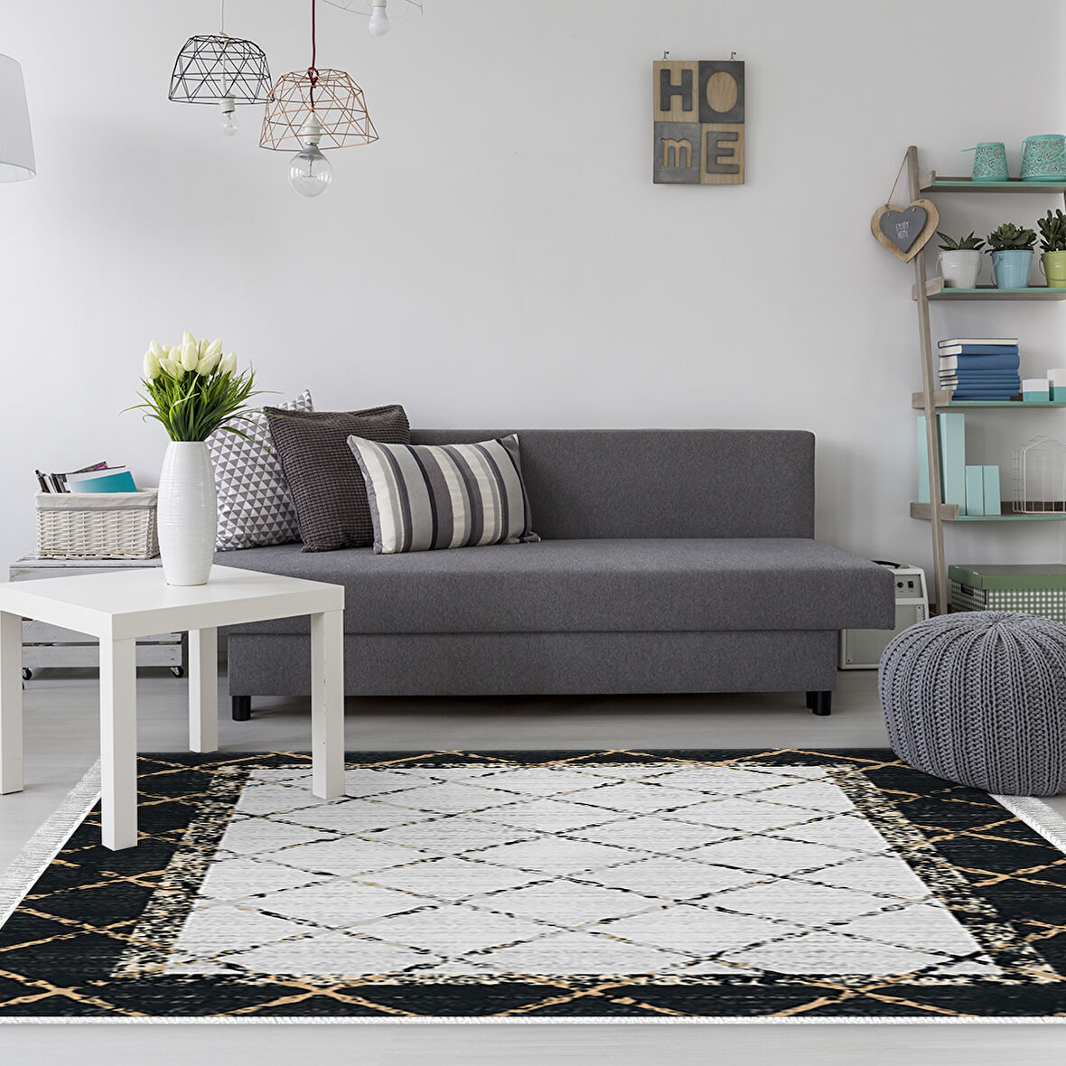 Dekoreko Kaymaz Taban Djt Salon Halısı Yıldız Deri Saçaklı Modern M5129