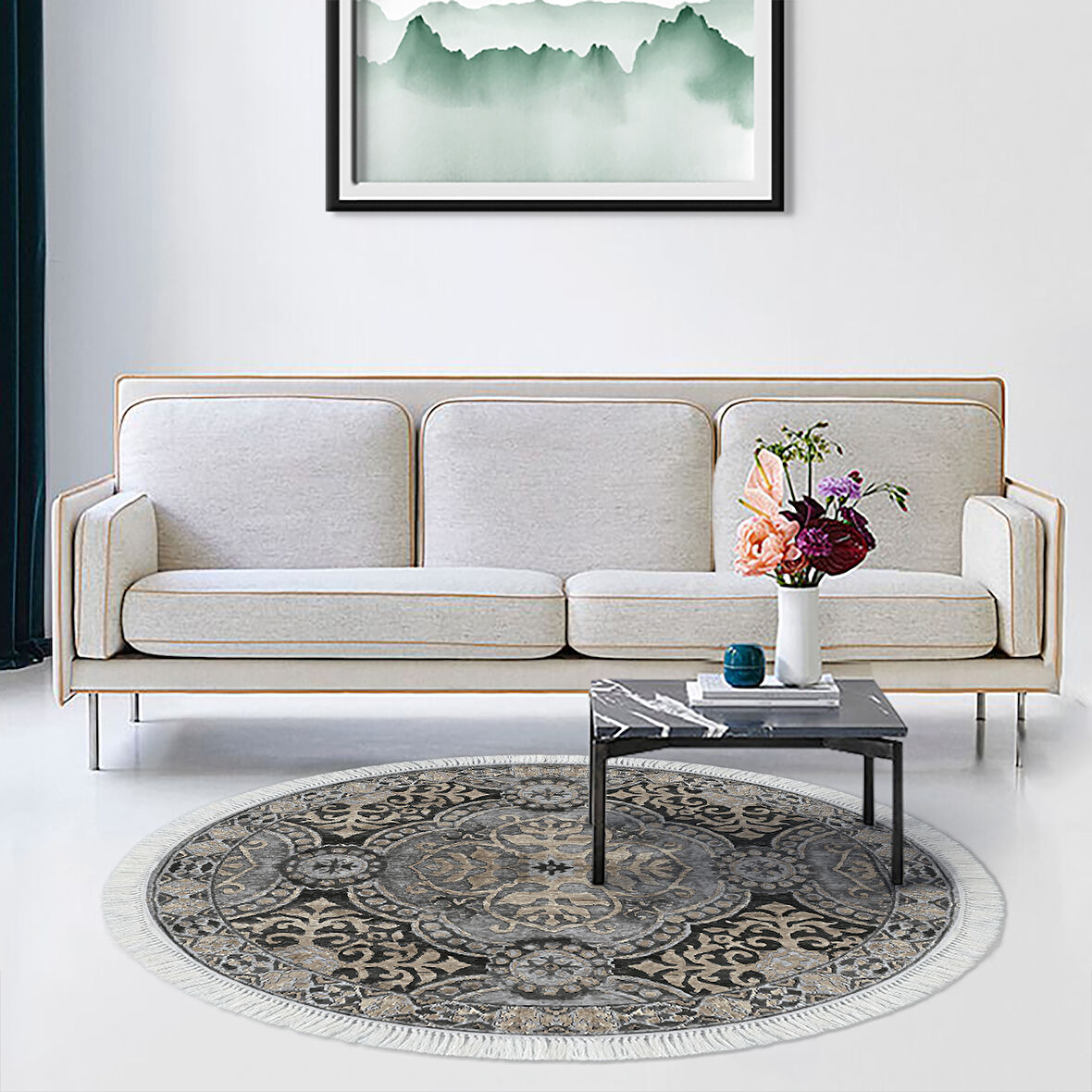 Dekoreko Kaymaz Taban Djt Salon Halısı Yıldız Deri Saçaklı Yuvarlak Modern 659M