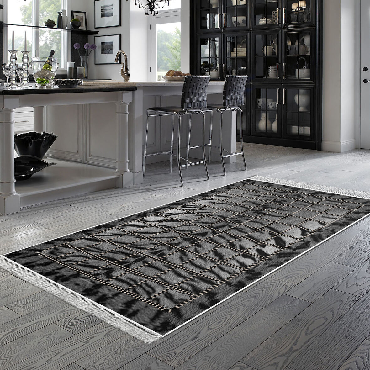 Dekoreko Kaymaz Taban Djt Mutfak Halısı Yıldız Deri Saçaklı Modern 1906