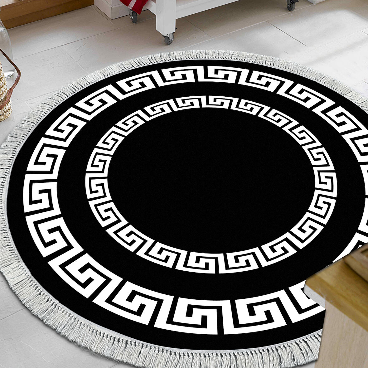 Dekoreko Kaymaz Taban Djt Mutfak Halısı Yıldız Deri Saçaklı Yuvarlak Modern 650M