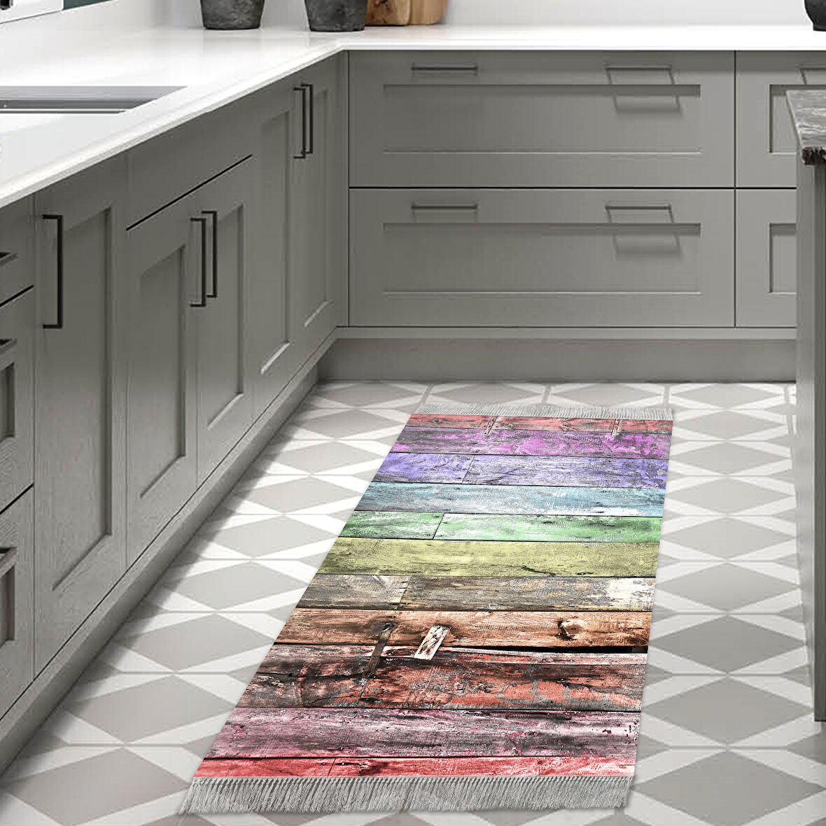 Dekoreko Kaymaz Taban Djt Mutfak Halısı Yıldız Deri Saçaklı Modern Mu136