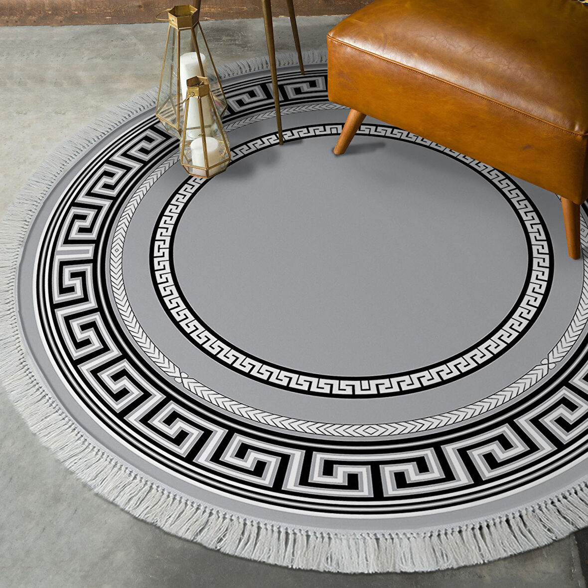 Dekoreko Kaymaz Taban Djt Salon Halısı Yıldız Deri Saçaklı Yuvarlak Modern 651M