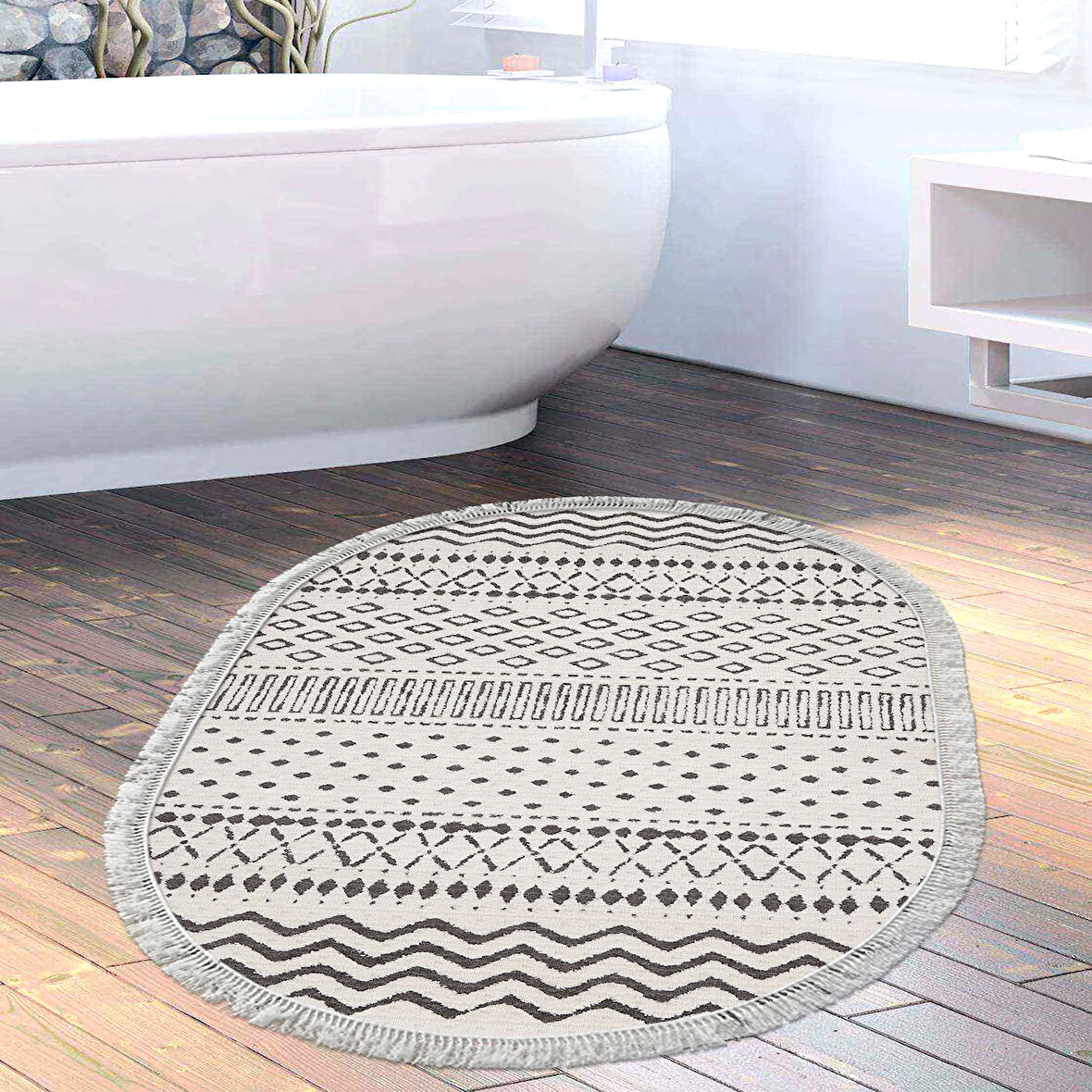 Dekoreko Kaymaz Taban Djt Banyo Halısı Yıldız Deri Saçaklı Oval İskandinav F5086