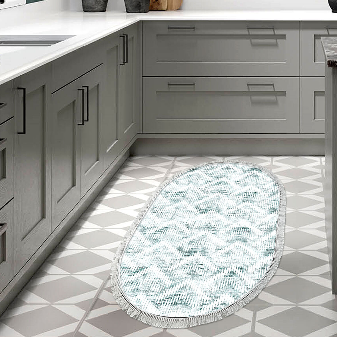 Dekoreko Kaymaz Taban Djt Mutfak Halısı Yıldız Deri Saçaklı Oval İskandinav F5124