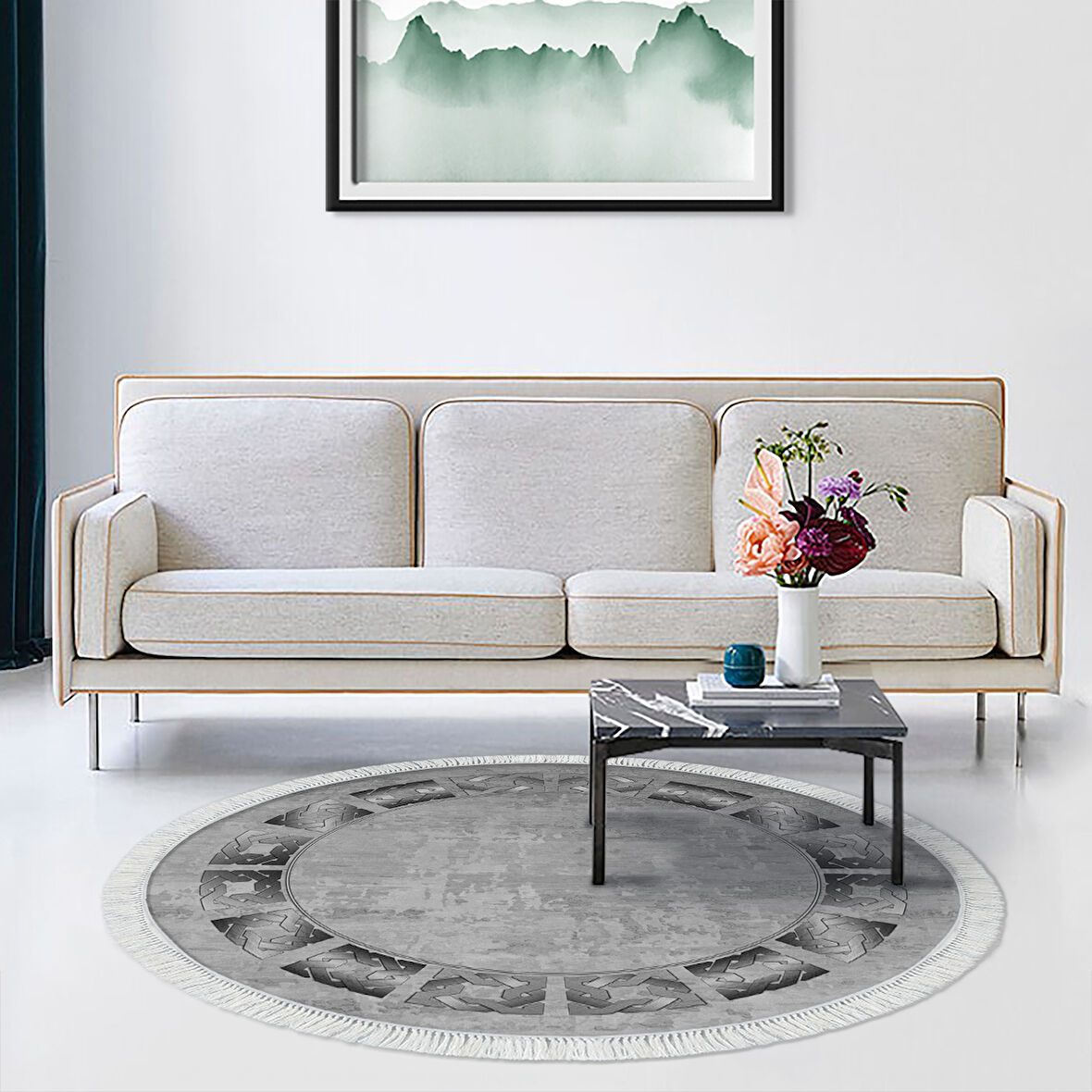 Dekoreko Kaymaz Taban Djt Salon Halısı Trend Saçaklı Yuvarlak Modern 691M