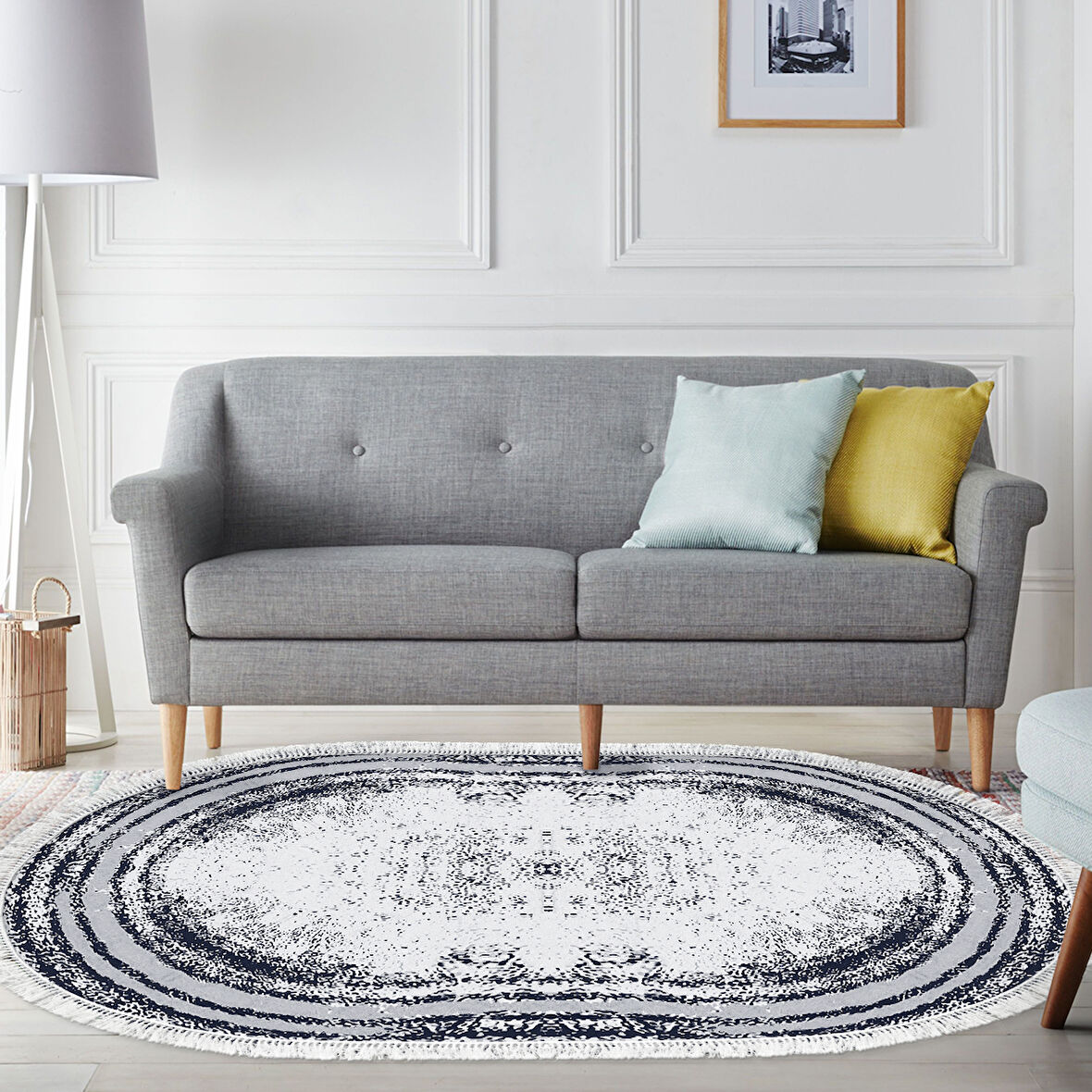 Dekoreko Kaymaz Taban Djt Salon Halısı Star Pamuk Saçaklı Oval Modern M5132
