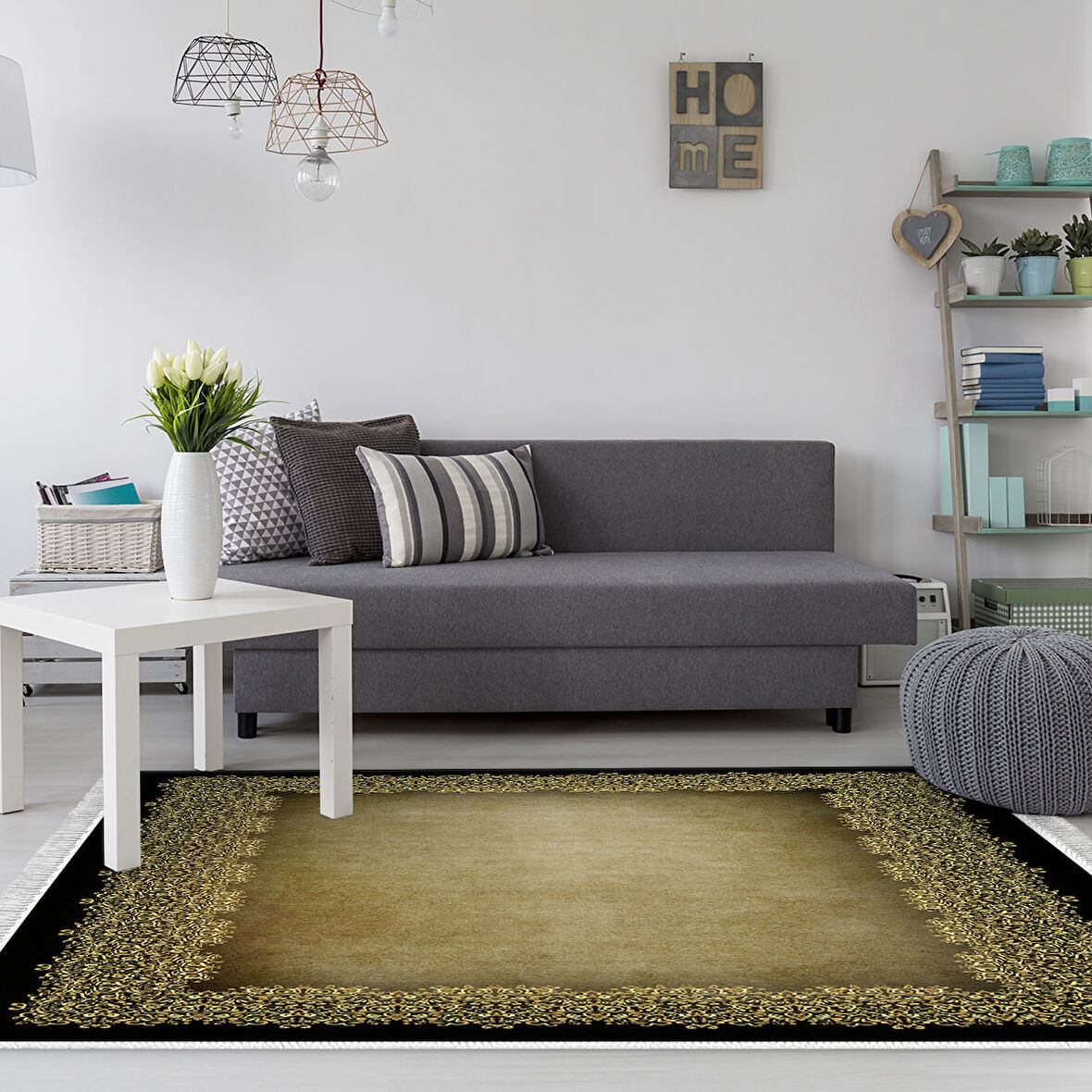 Dekoreko Kaymaz Taban Djt Salon Halısı Yıldız Deri Saçaklı Modern 1674