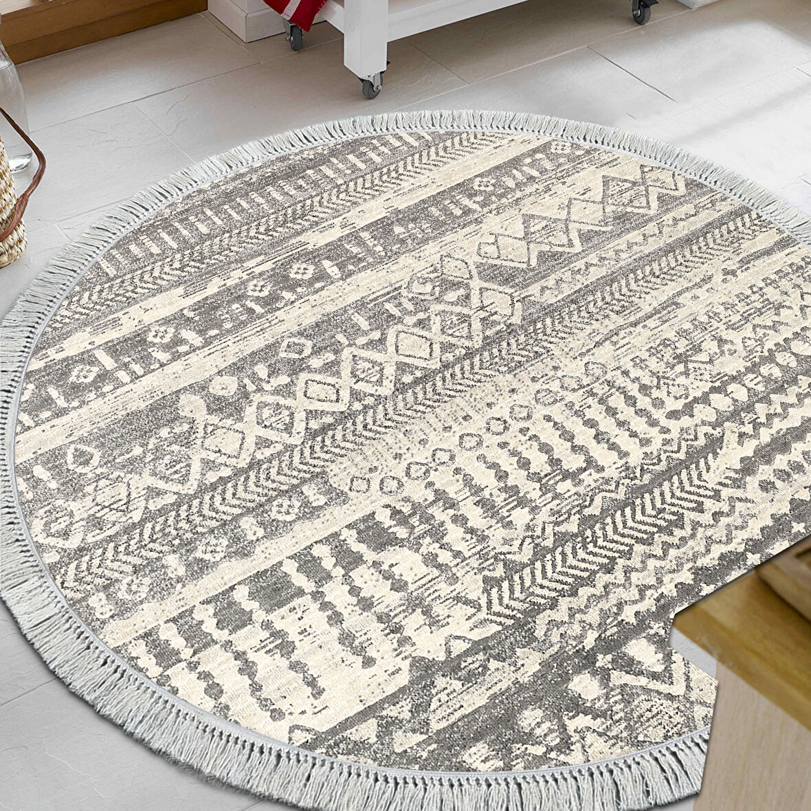 Dekoreko Kaymaz Taban Djt Mutfak Halısı Star Pamuk Saçaklı Yuvarlak İskandinav F5080