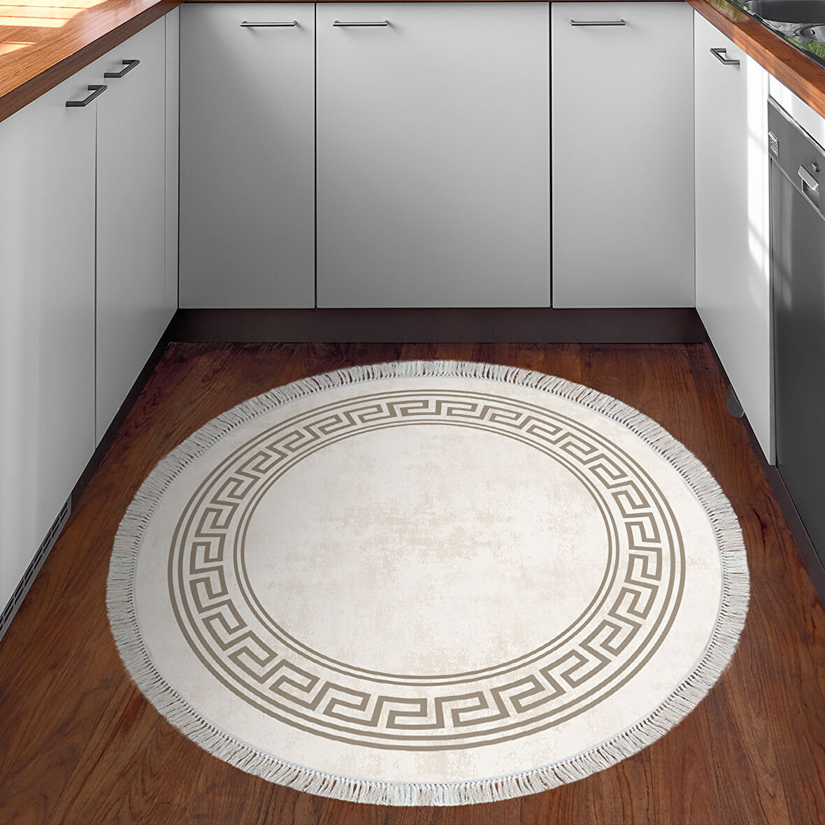Dekoreko Kaymaz Taban Djt Mutfak Halısı Trend Saçaklı Yuvarlak Modern 626M