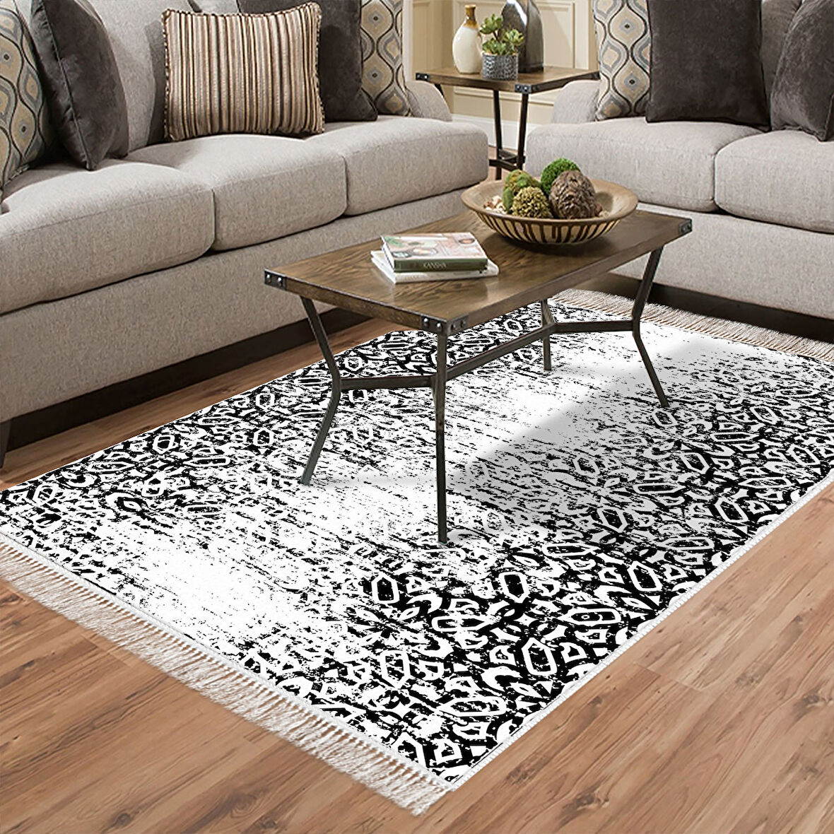 Dekoreko Kaymaz Taban Djt Salon Halısı Yıldız Deri Saçaklı İskandinav Mu123