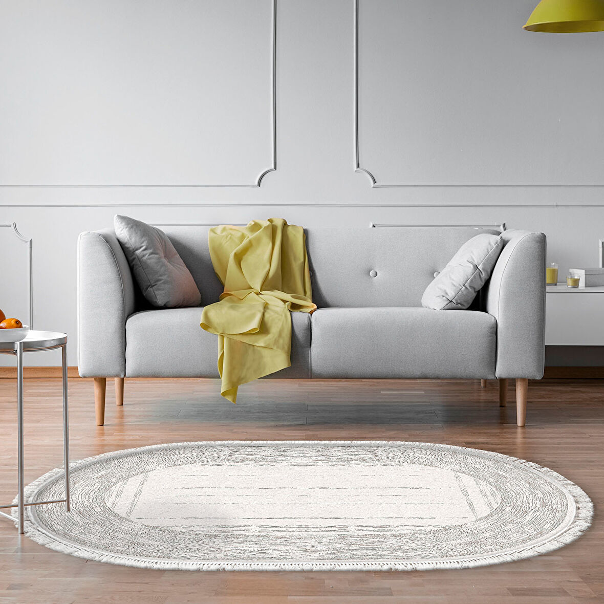 Dekoreko Kaymaz Taban Djt Salon Halısı Star Pamuk Saçaklı Oval Modern M5076