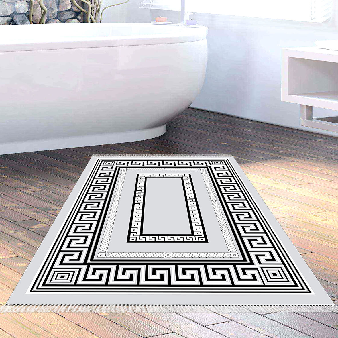 Dekoreko Kaymaz Taban Djt Banyo Halısı Yıldız Deri Saçaklı Modern 651M