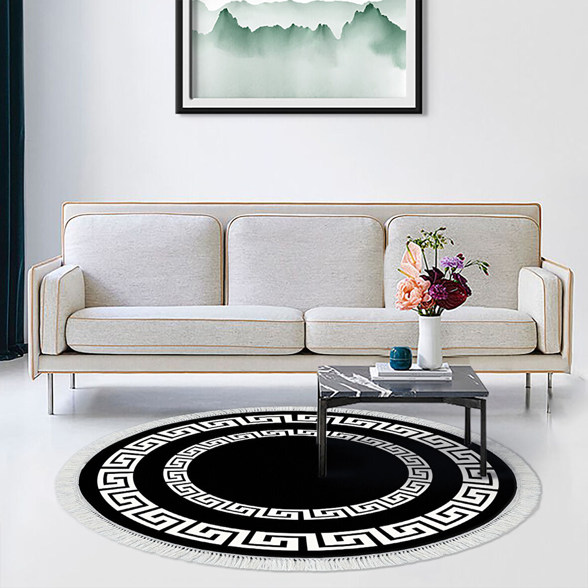 Dekoreko Kaymaz Taban Djt Salon Halısı Yıldız Deri Saçaklı Yuvarlak Modern 650M