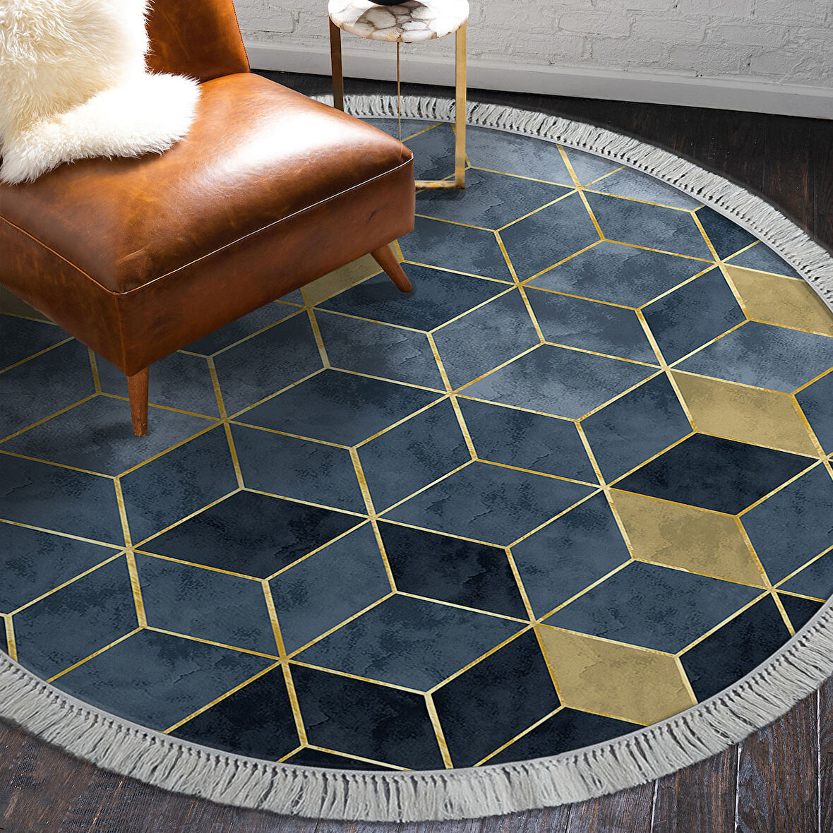 Dekoreko Kaymaz Taban Djt Salon Halısı Yıldız Deri Saçaklı Yuvarlak İskandinav 2146M