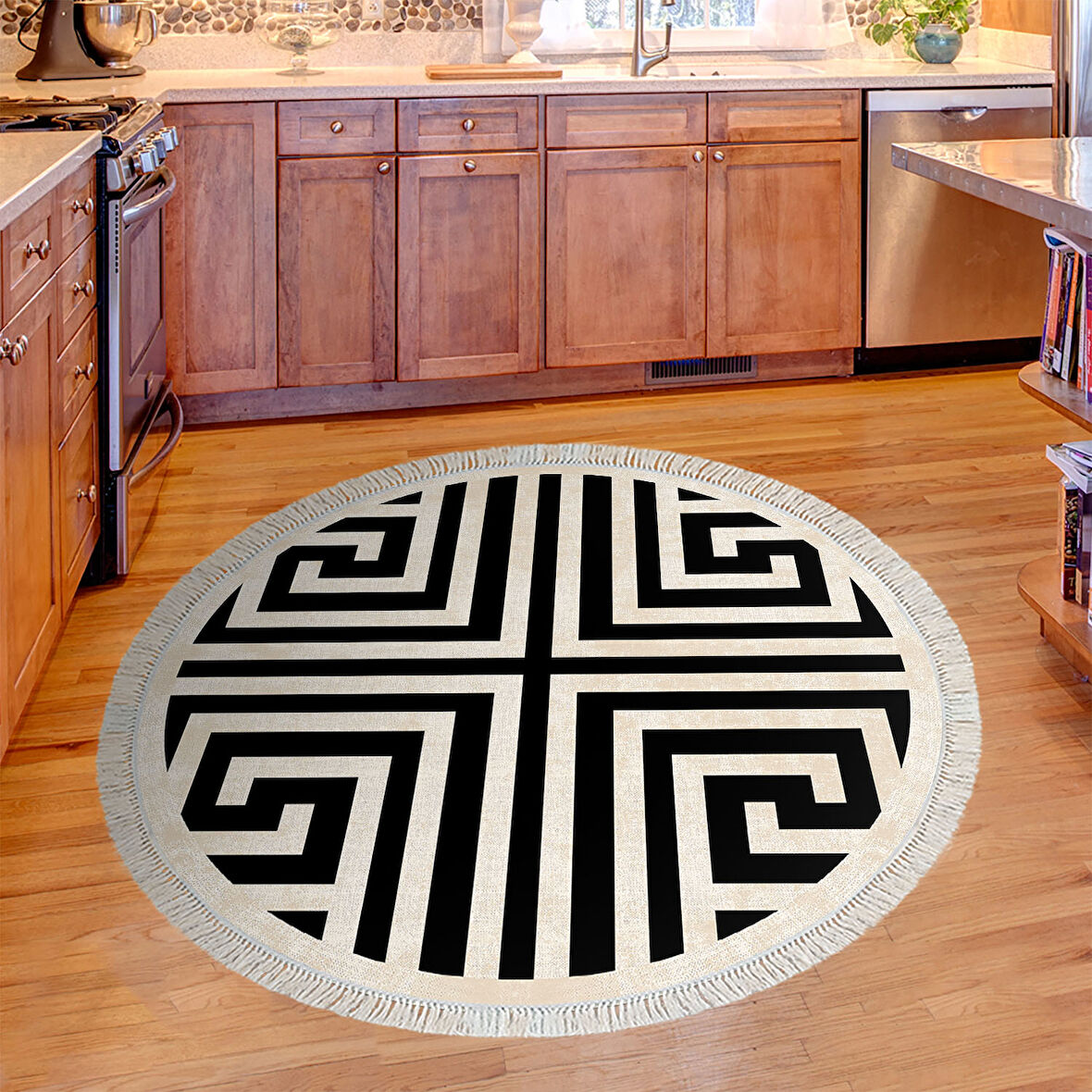 Dekoreko Kaymaz Taban Djt Mutfak Halısı Yıldız Deri Saçaklı Yuvarlak Modern 658M