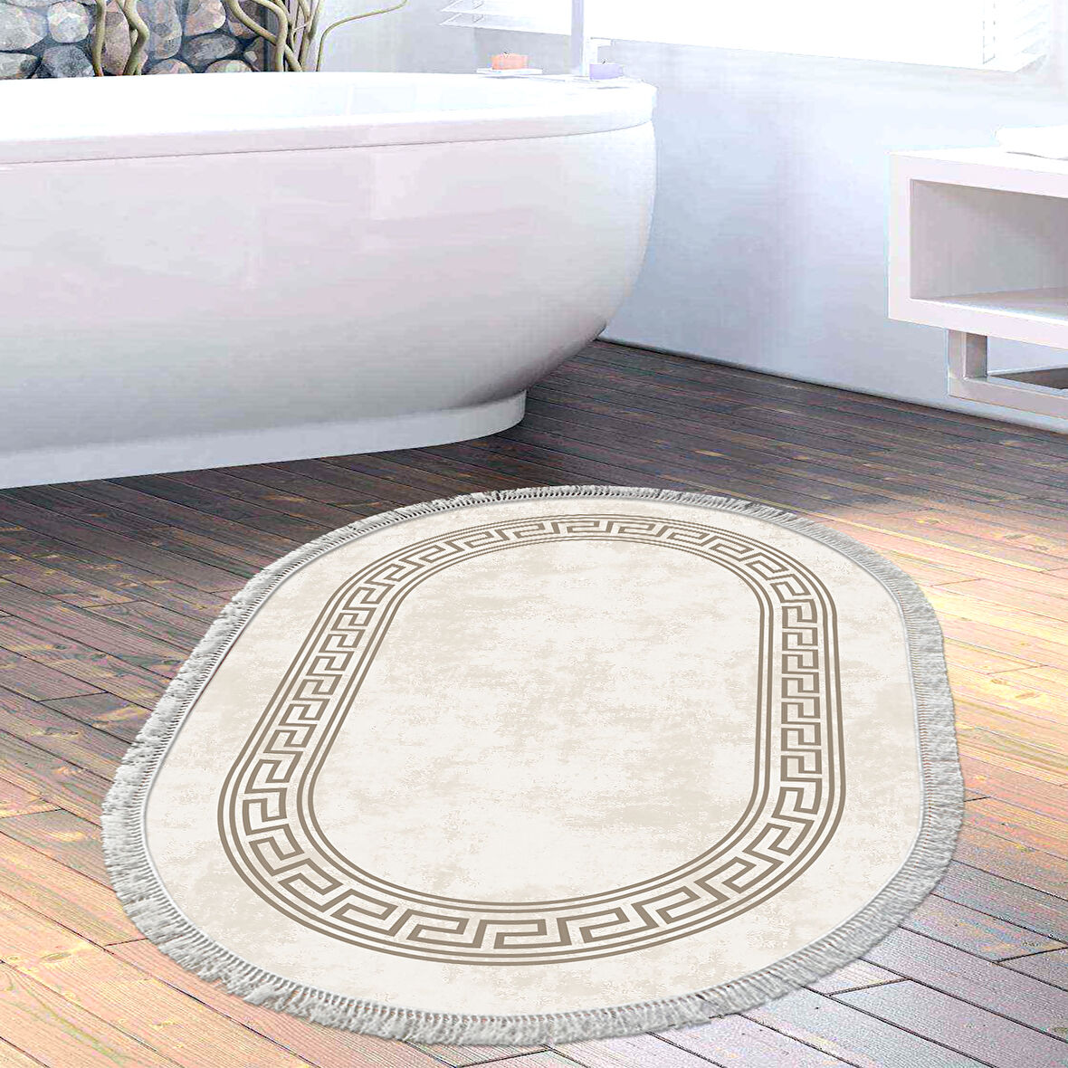 Dekoreko Kaymaz Taban Djt Banyo Halısı Yıldız Deri Saçaklı Oval Modern 626M