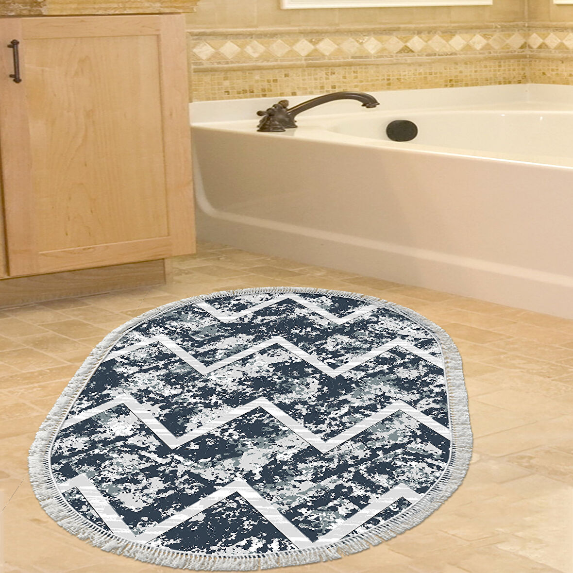 Dekoreko Kaymaz Taban Djt Banyo Halısı Yıldız Deri Saçaklı Oval İskandinav F5128