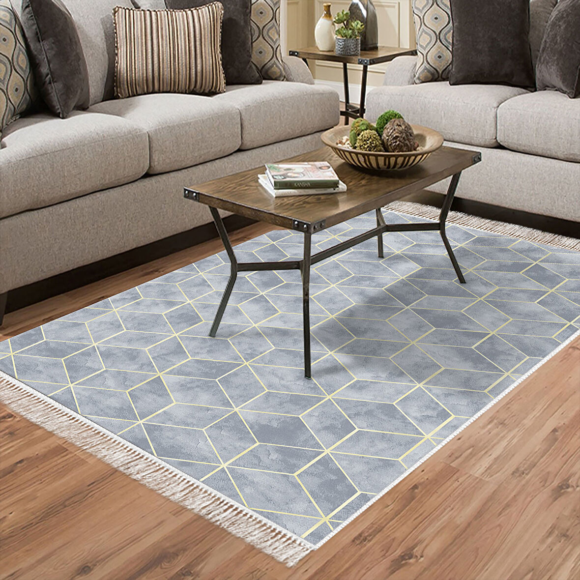 Dekoreko Kaymaz Taban Djt Salon Halısı Yıldız Deri Saçaklı Modern 627M