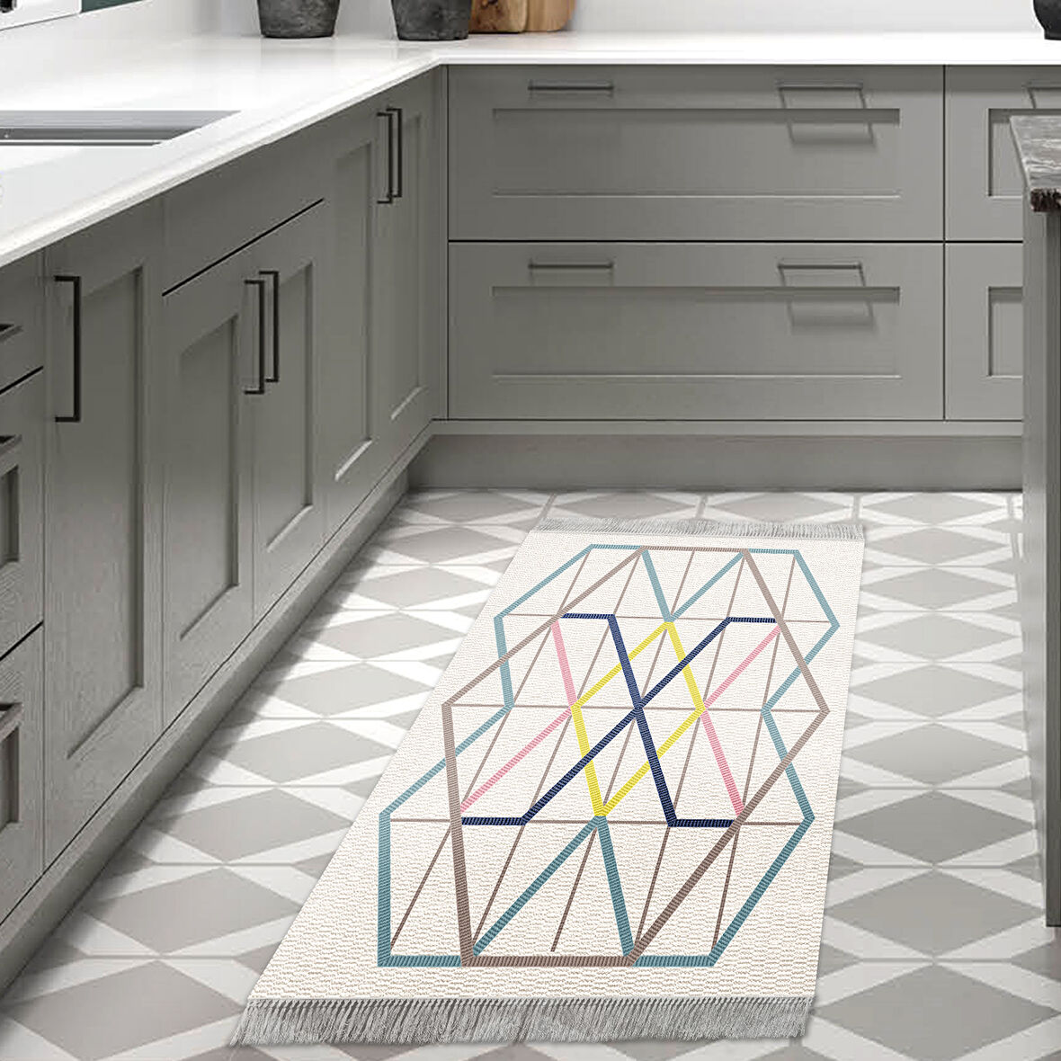 Dekoreko Kaymaz Taban Djt Mutfak Halısı Star Pamuk Saçaklı Modern P1525