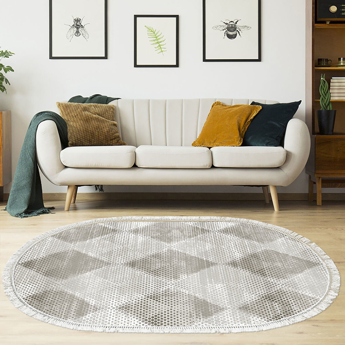 Dekoreko Kaymaz Taban Djt Salon Halısı Yıldız Deri Saçaklı Oval İskandinav F5131