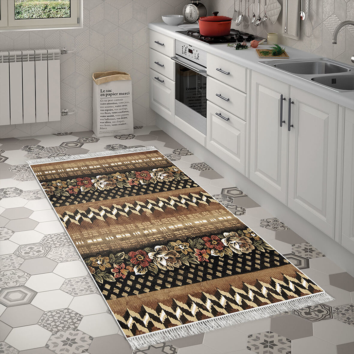 Dekoreko Kaymaz Taban Djt Mutfak Halısı Star Pamuk Saçaklı Modern Mu127