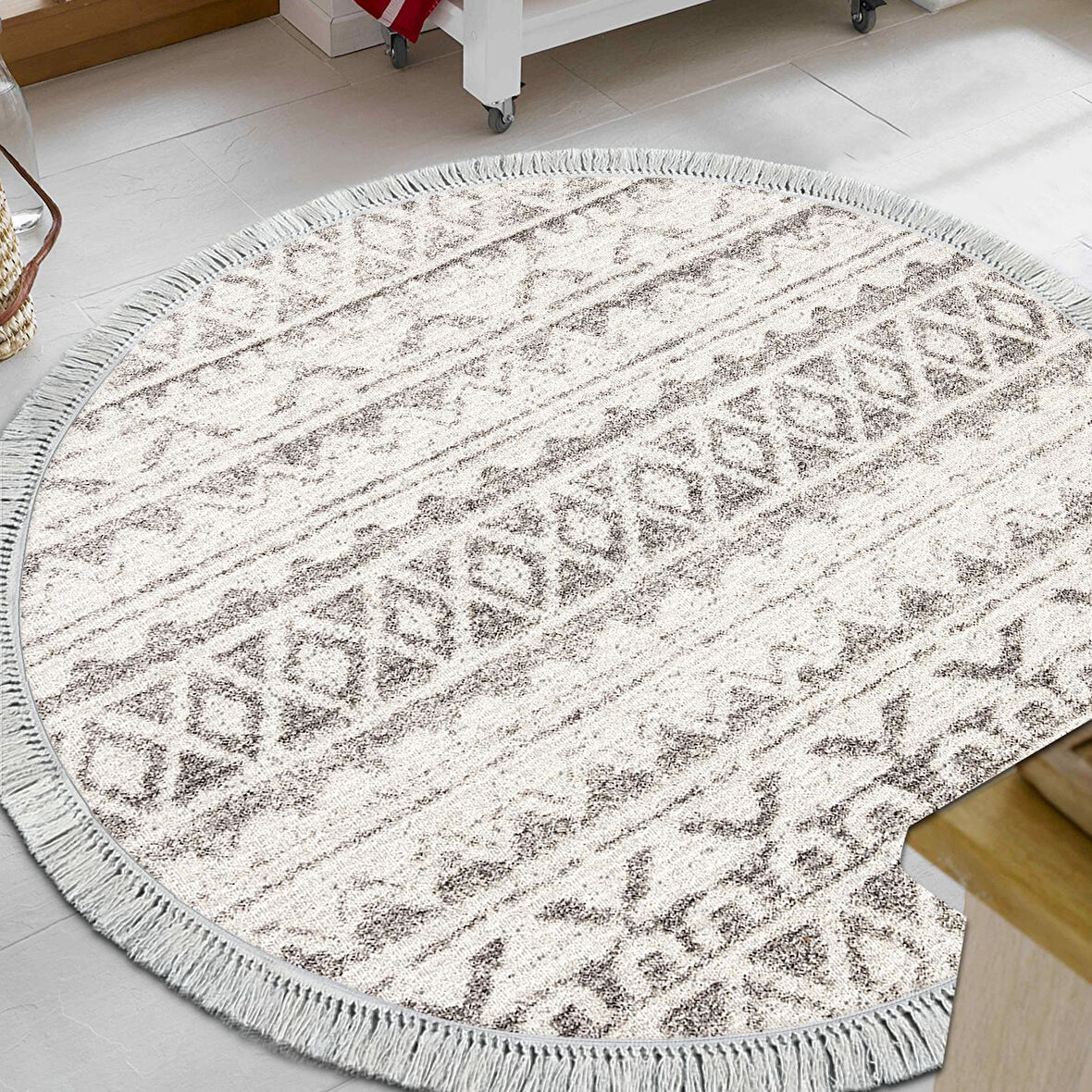 Dekoreko Kaymaz Taban Djt Mutfak Halısı Trend Saçaklı Yuvarlak İskandinav F5078