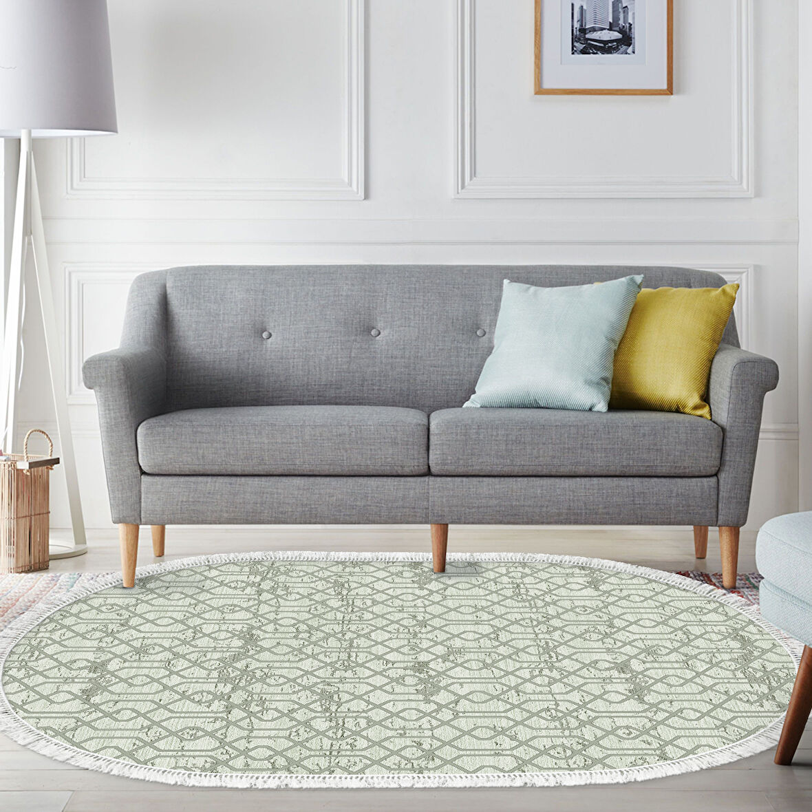 Dekoreko Kaymaz Taban Djt Salon Halısı Star Pamuk Saçaklı Oval Modern 757