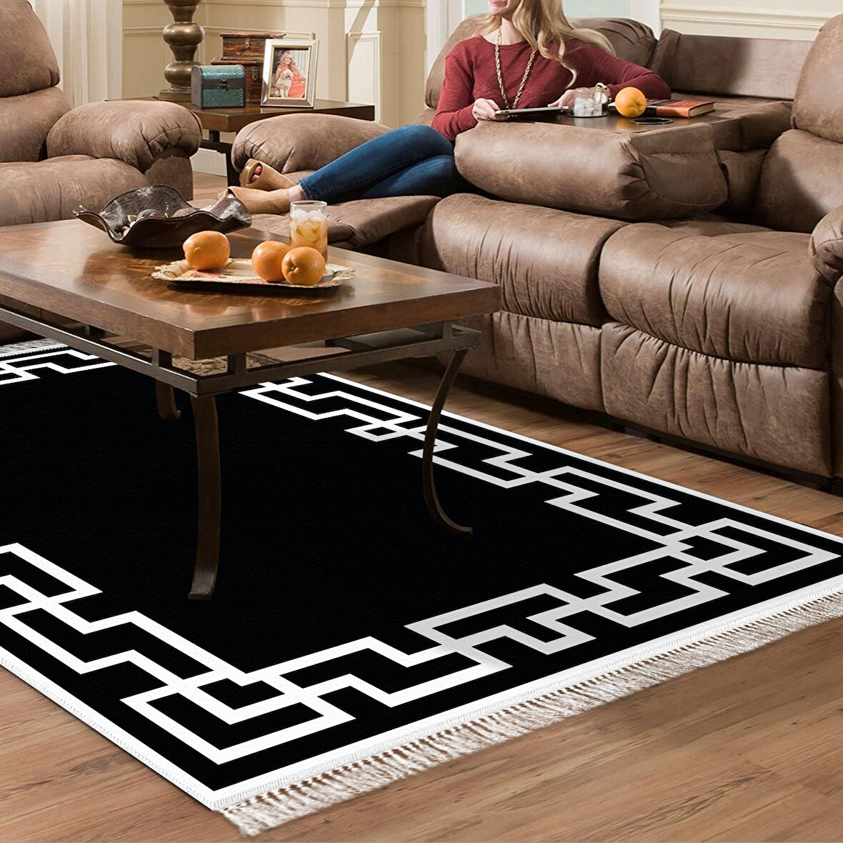 Dekoreko Kaymaz Taban Djt Salon Halısı Yıldız Deri Saçaklı Modern F5035