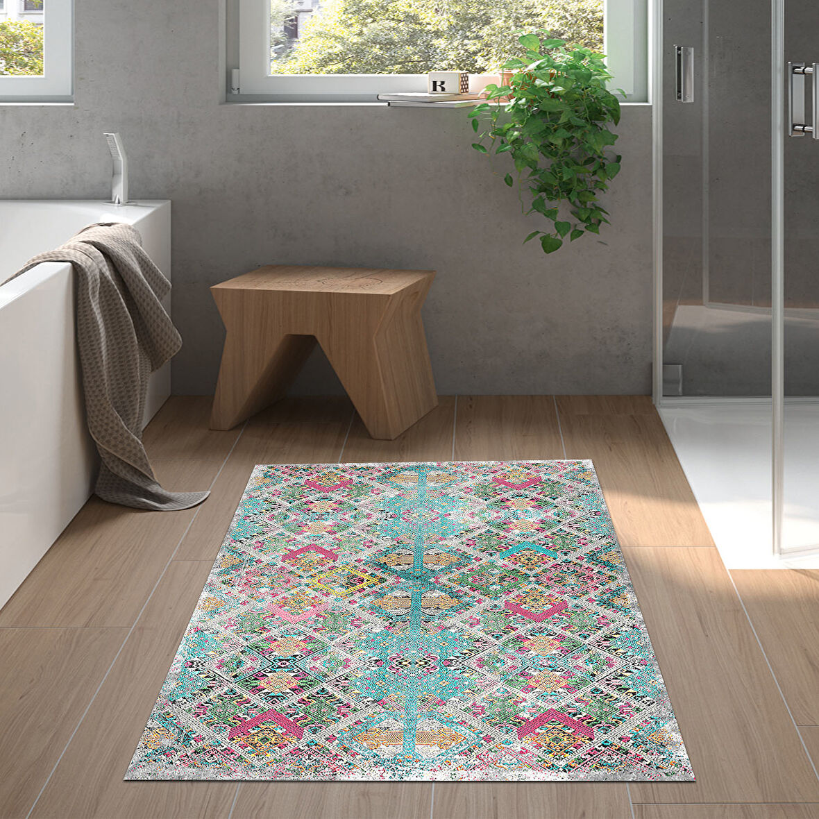 Dekoreko Kaymaz Taban Djt Banyo Halısı Yıldız Deri İskandinav F5009