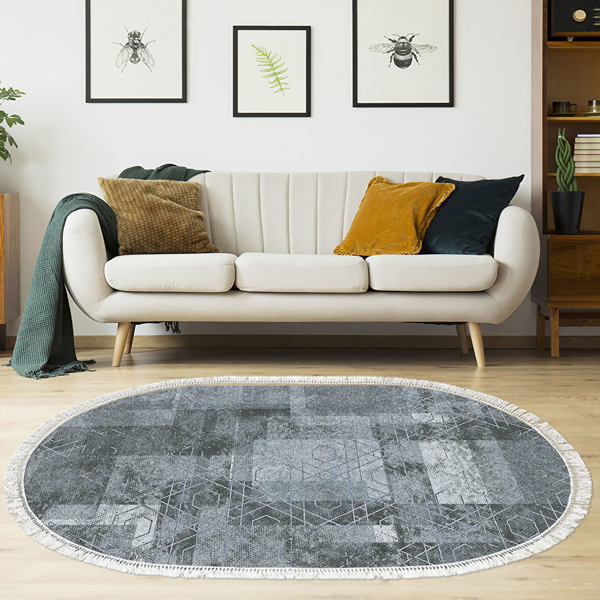 Dekoreko Kaymaz Taban Djt Salon Halısı Trend Saçaklı Oval İskandinav F5132
