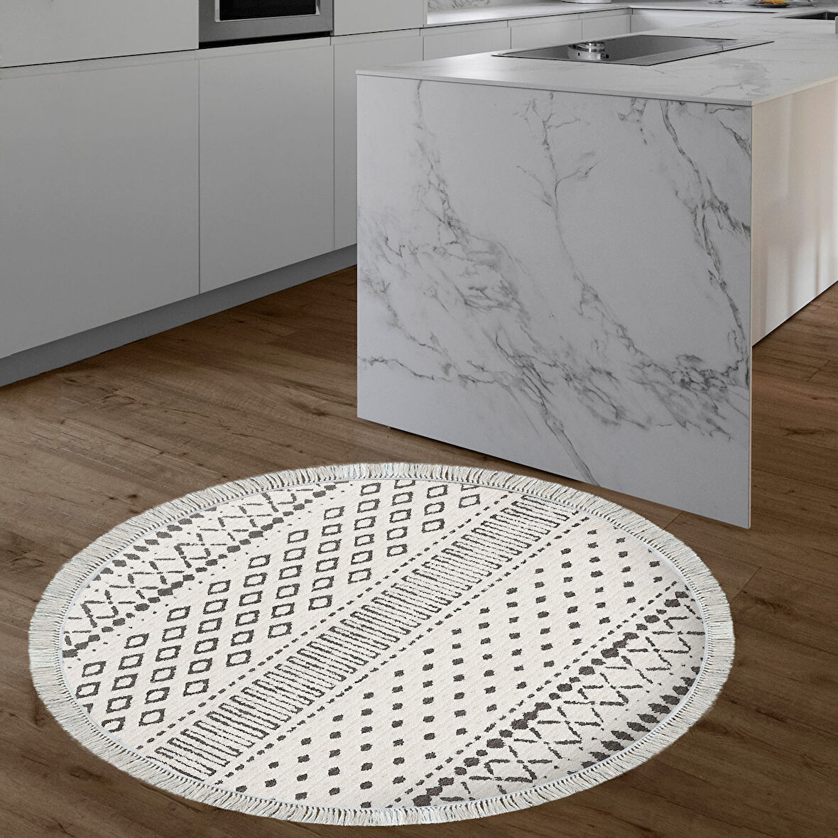 Dekoreko Kaymaz Taban Djt Mutfak Halısı Yıldız Deri Saçaklı Yuvarlak İskandinav F5086