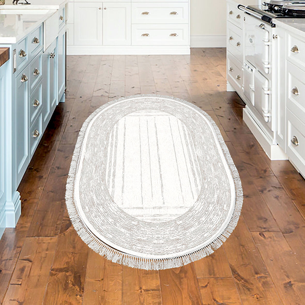 Dekoreko Kaymaz Taban Djt Mutfak Halısı Star Pamuk Saçaklı Oval Modern M5076