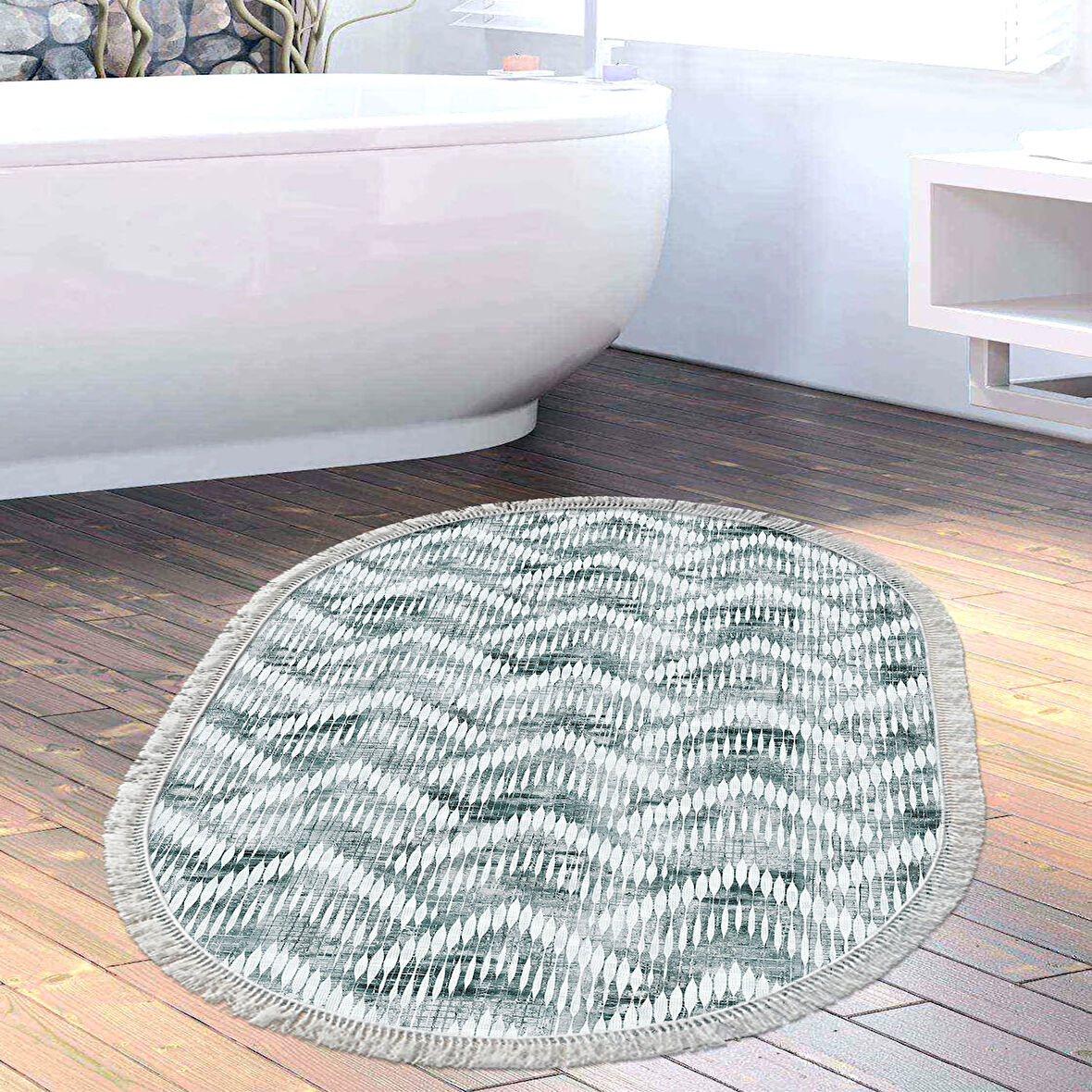 Dekoreko Kaymaz Taban Djt Banyo Halısı Trend Saçaklı Oval İskandinav F5124