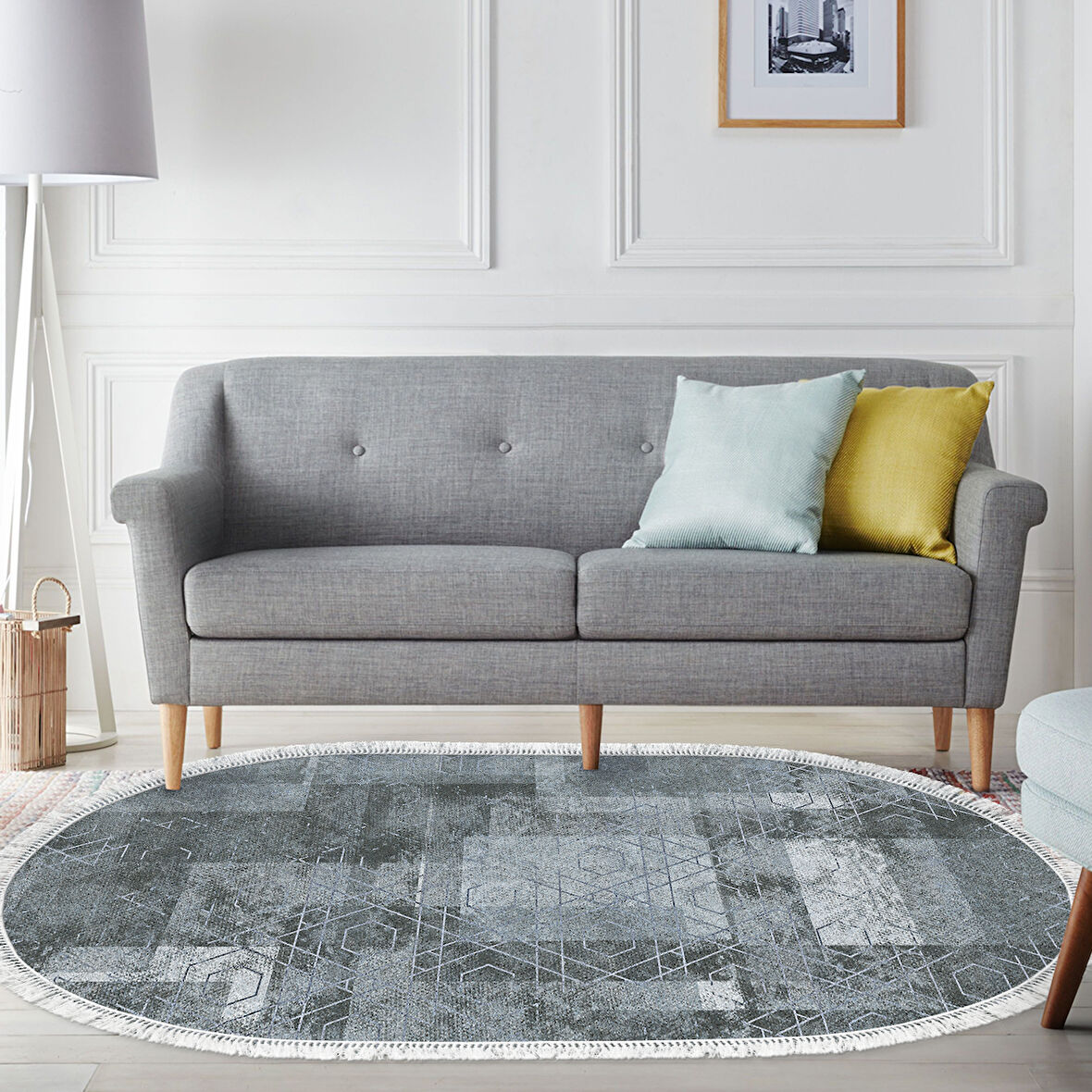 Dekoreko Kaymaz Taban Djt Salon Halısı Star Pamuk Saçaklı Oval İskandinav F5132